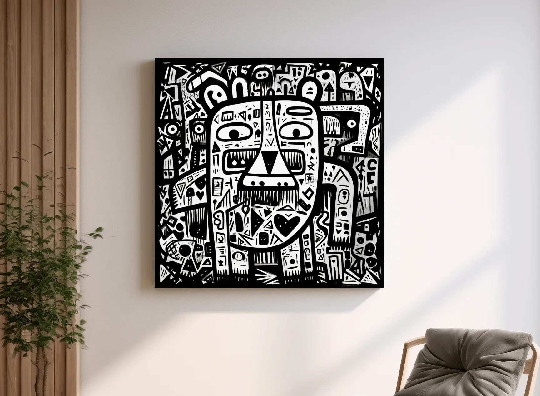 Abstract Black And White Graffiti Bear Doodle Art - Bold Geometric Animal Wall Art
