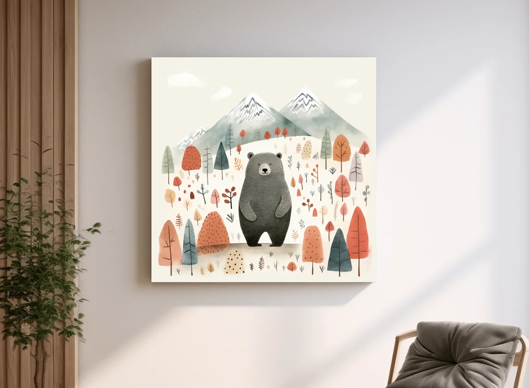 Cute Bear In Autumn Mountains - Scandinavian Nursery Woodland Animal Wall Art