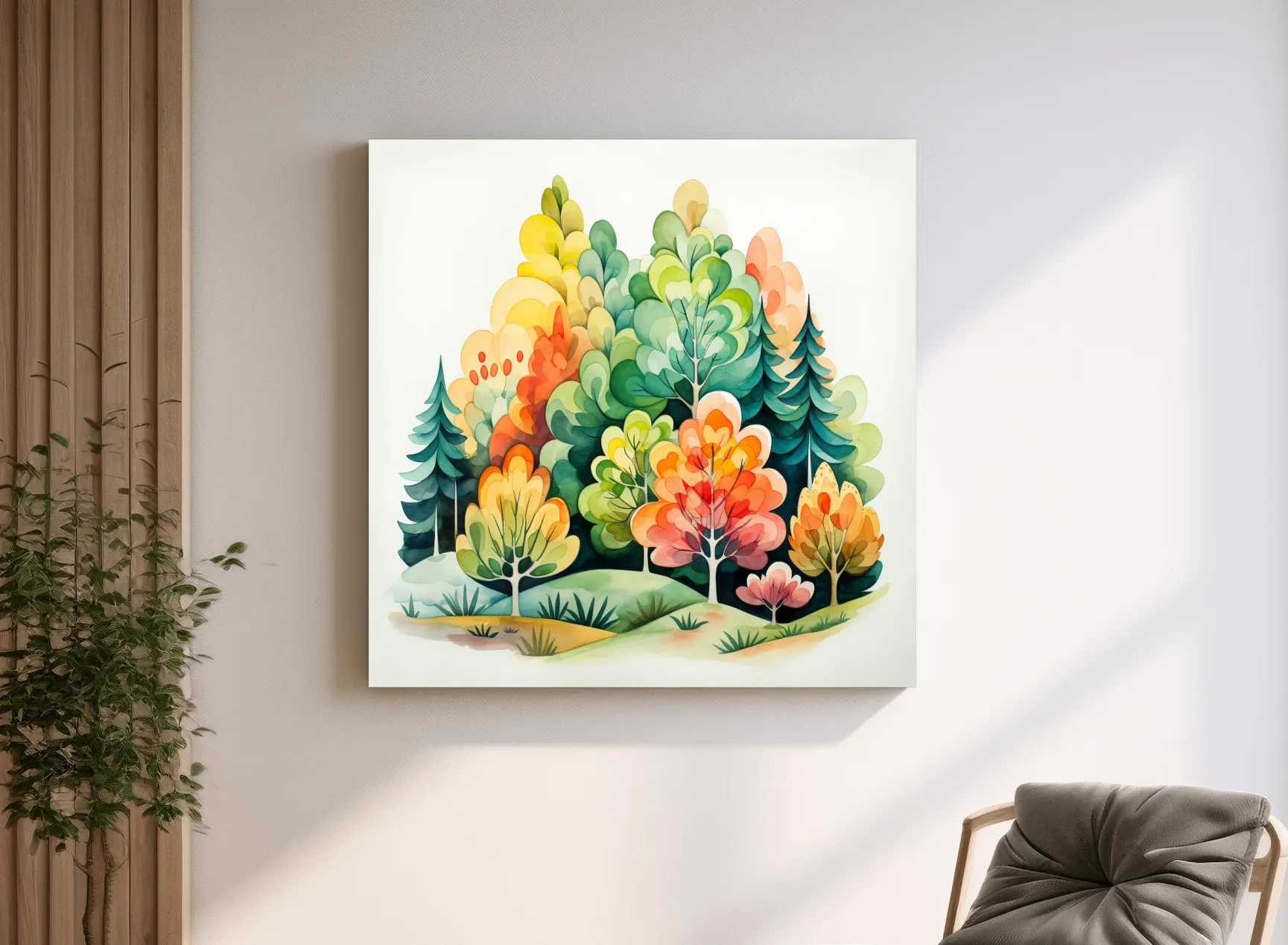 Whimsical Watercolor Forest Trees Illustration - Colorful Botanical Wall Art
