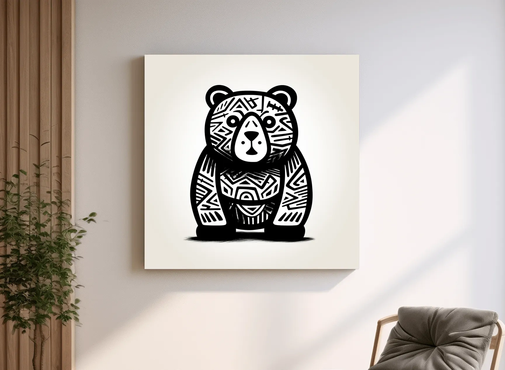Tribal Pattern Bear Illustration - Quirky Black And White Animal Wall Art