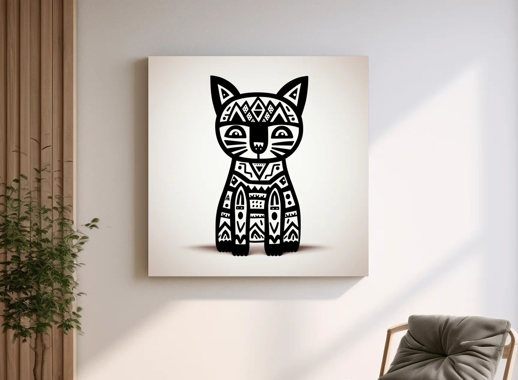 Tribal Geometric Cat Illustration - Black And White Quirky Animal Wall Art