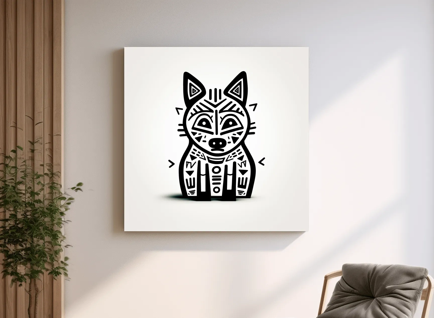Minimalist Tribal Fox Line Art - Quirky Black And White Animal Wall Art