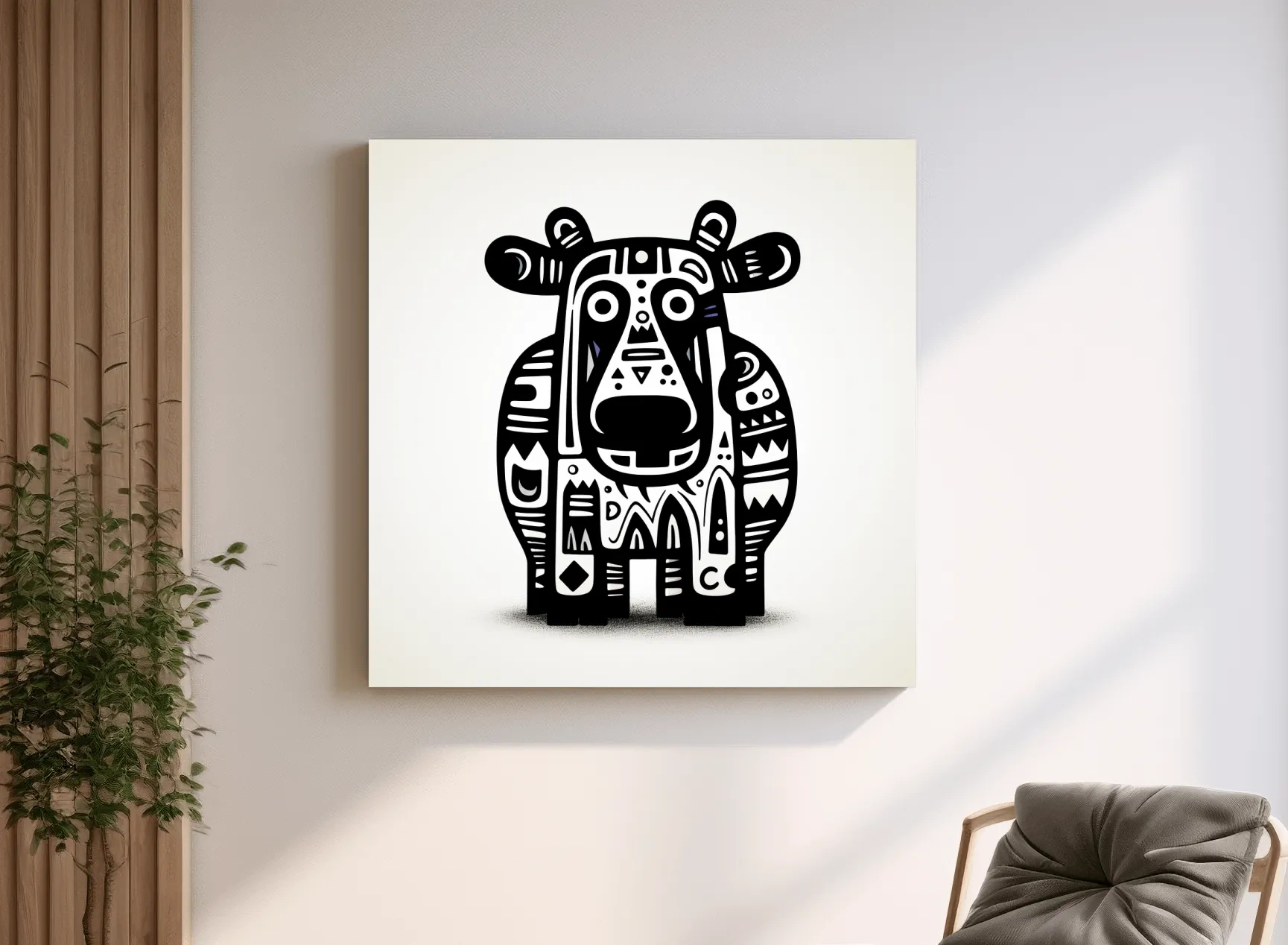 Tribal Folk Art Moose Illustration - Quirky Black And White Wildlife Wall Art
