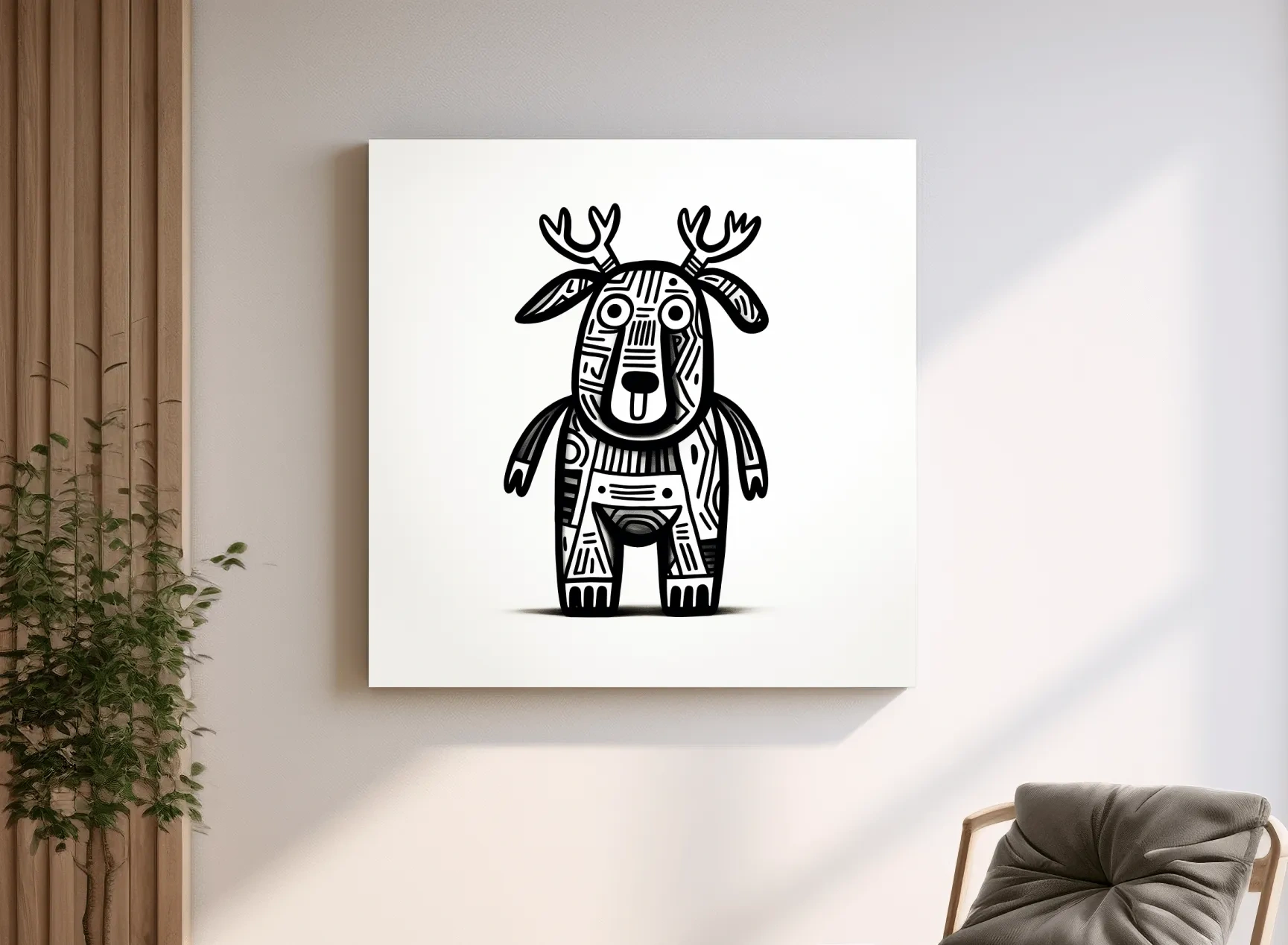 Whimsical Tribal Deer Illustration - Quirky Black And White Animal Wall Art