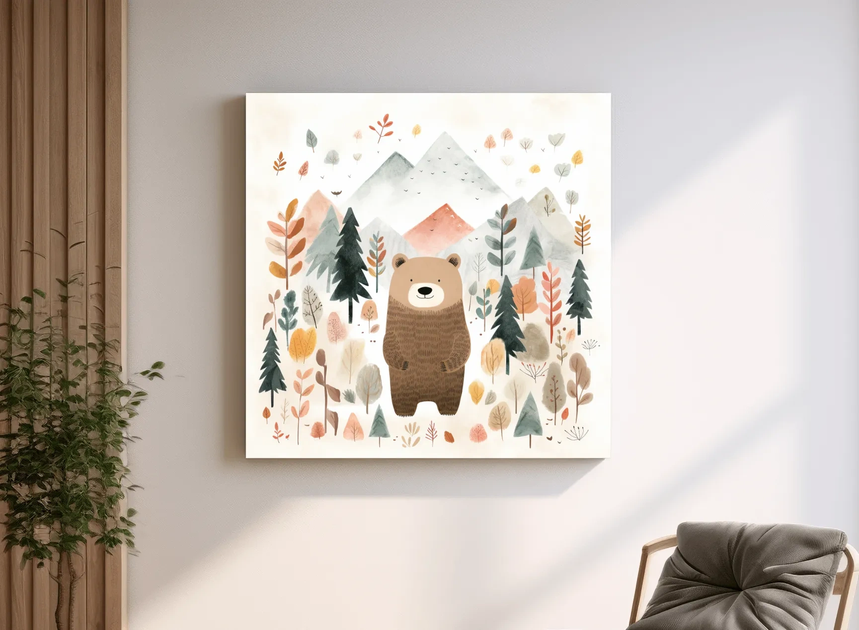 Cute Watercolor Bear Bear In Forest - Whimsical Mountain Nursery Wall Art
