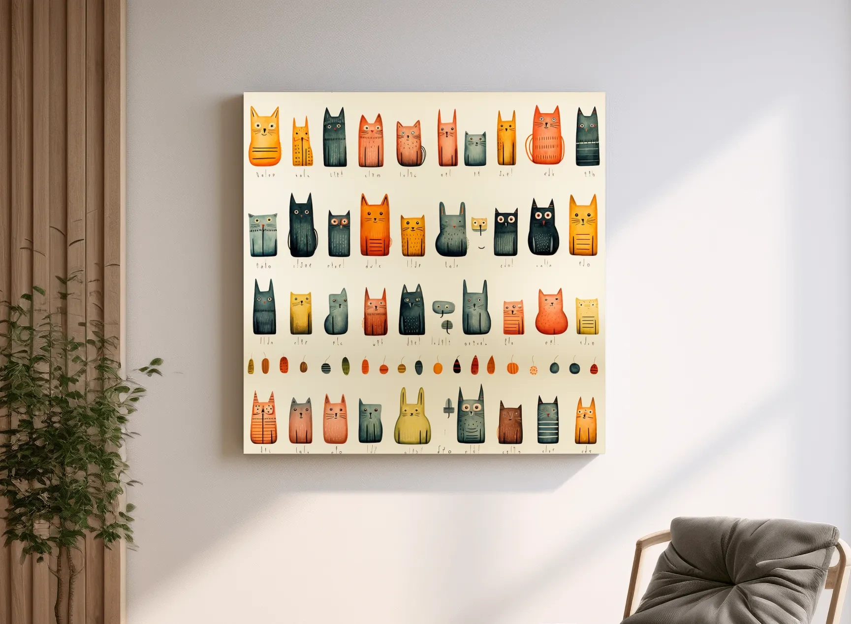 Whimsical Mid Century Cat Pattern Illustration - Colorful Nursery Wall Art