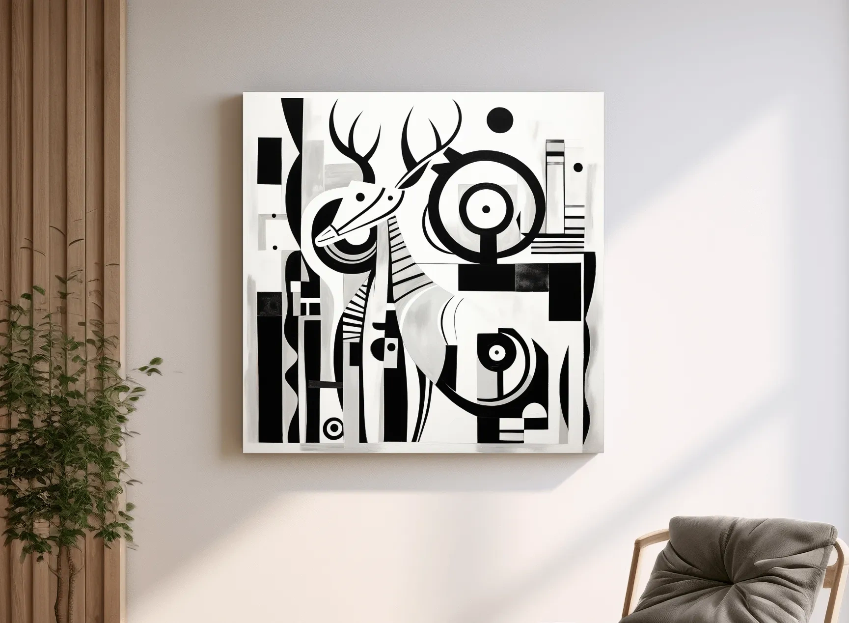 Abstract mid-century style painting of a deer with geometric shapes