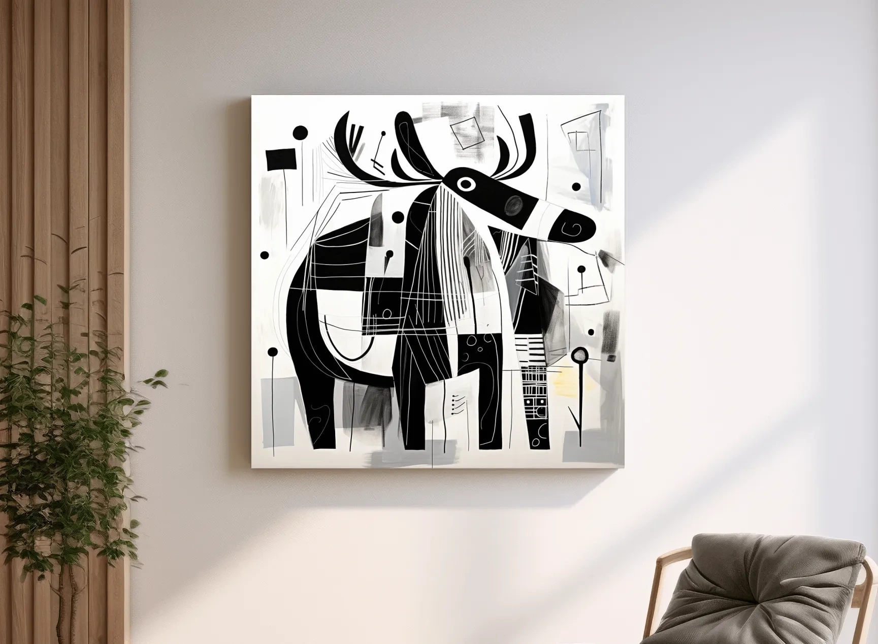 Abstract Monochrome Moose Illustration - Modern Geometric Wildlife Wall Art