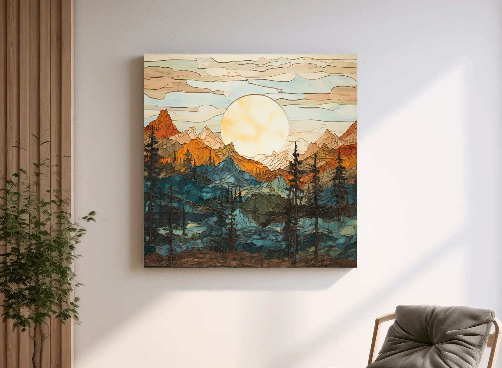 Stained Glass Mountain Sunset Landscape - Colorful Mosaic Forest Wall Art