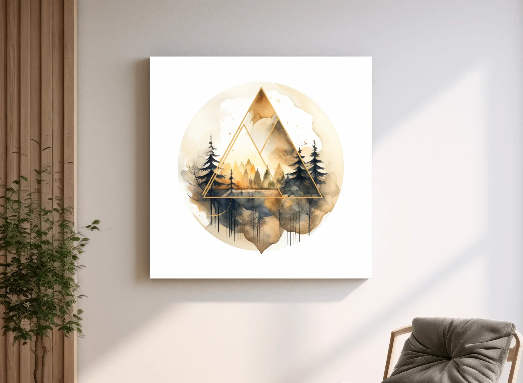 Geometric Watercolor Mountain Forest Landscape - Modern Rustic Nature Wall Art