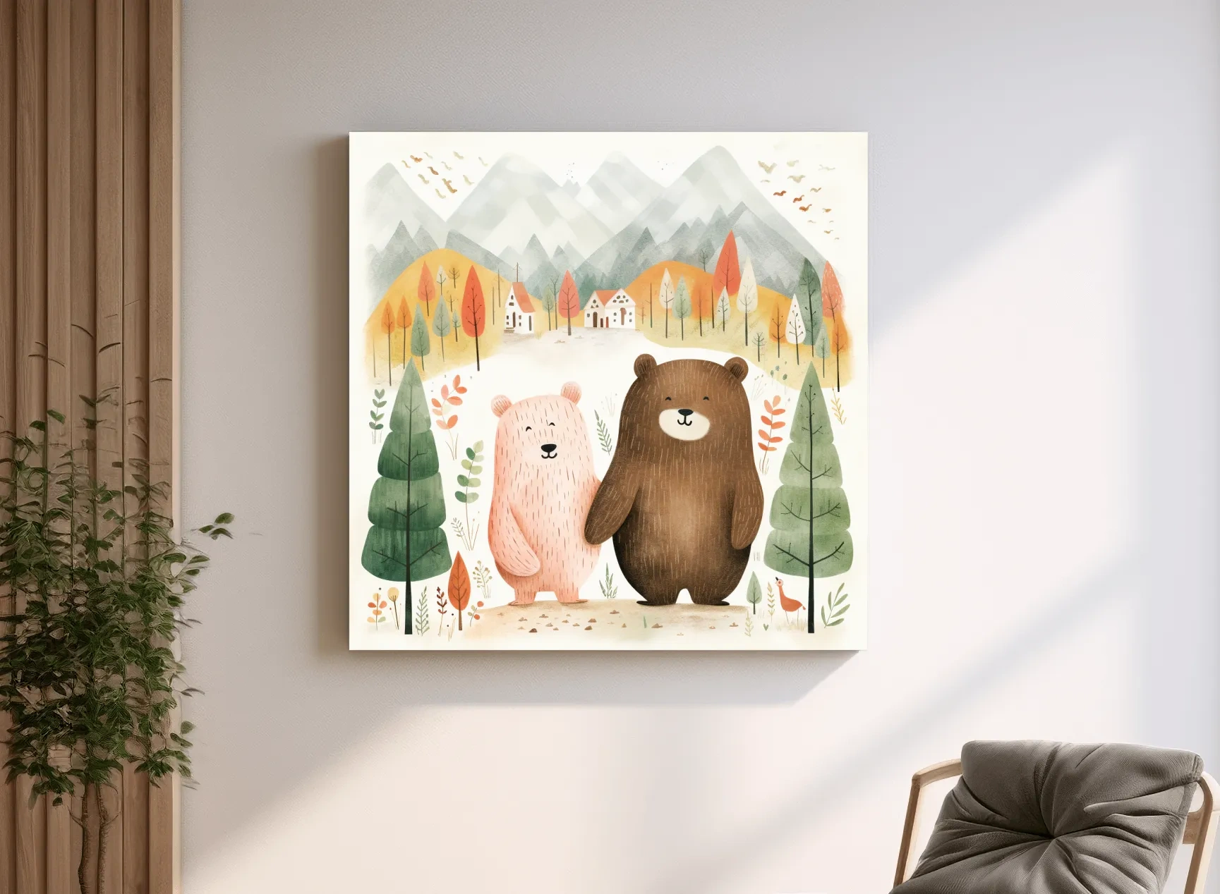 Cute Bear Couple Watercolor Illustration - Whimsical Mountain Forest Nursery Wall Art