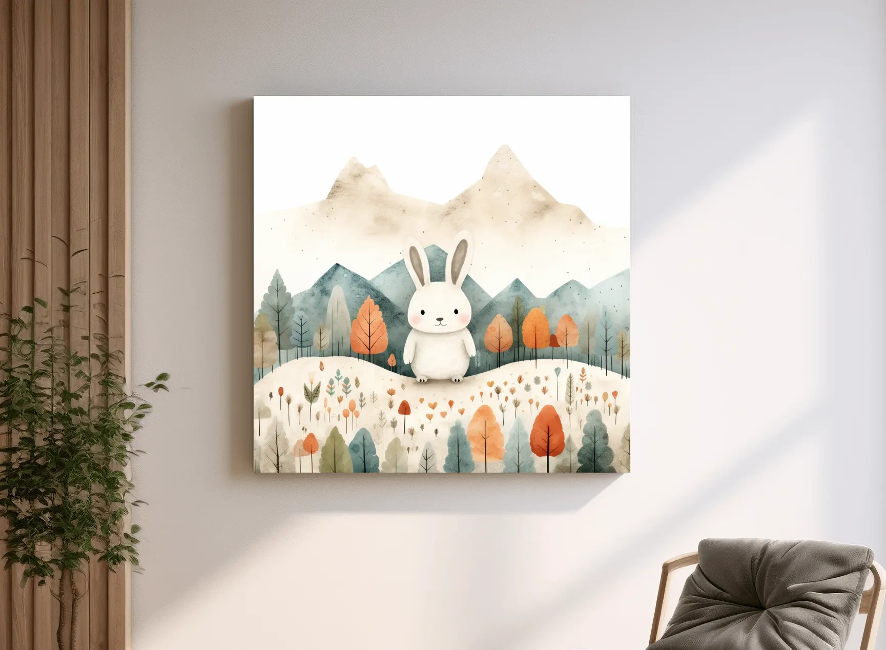 Cute Watercolor Bunny In Mountain Forest - Whimsical Nursery Woodland Wall Art
