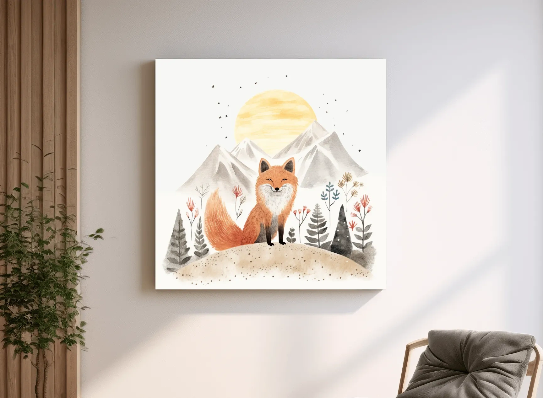Whimsical Watercolor Fox Mountain Sunrise - Nursery Woodland Animal Wall Art