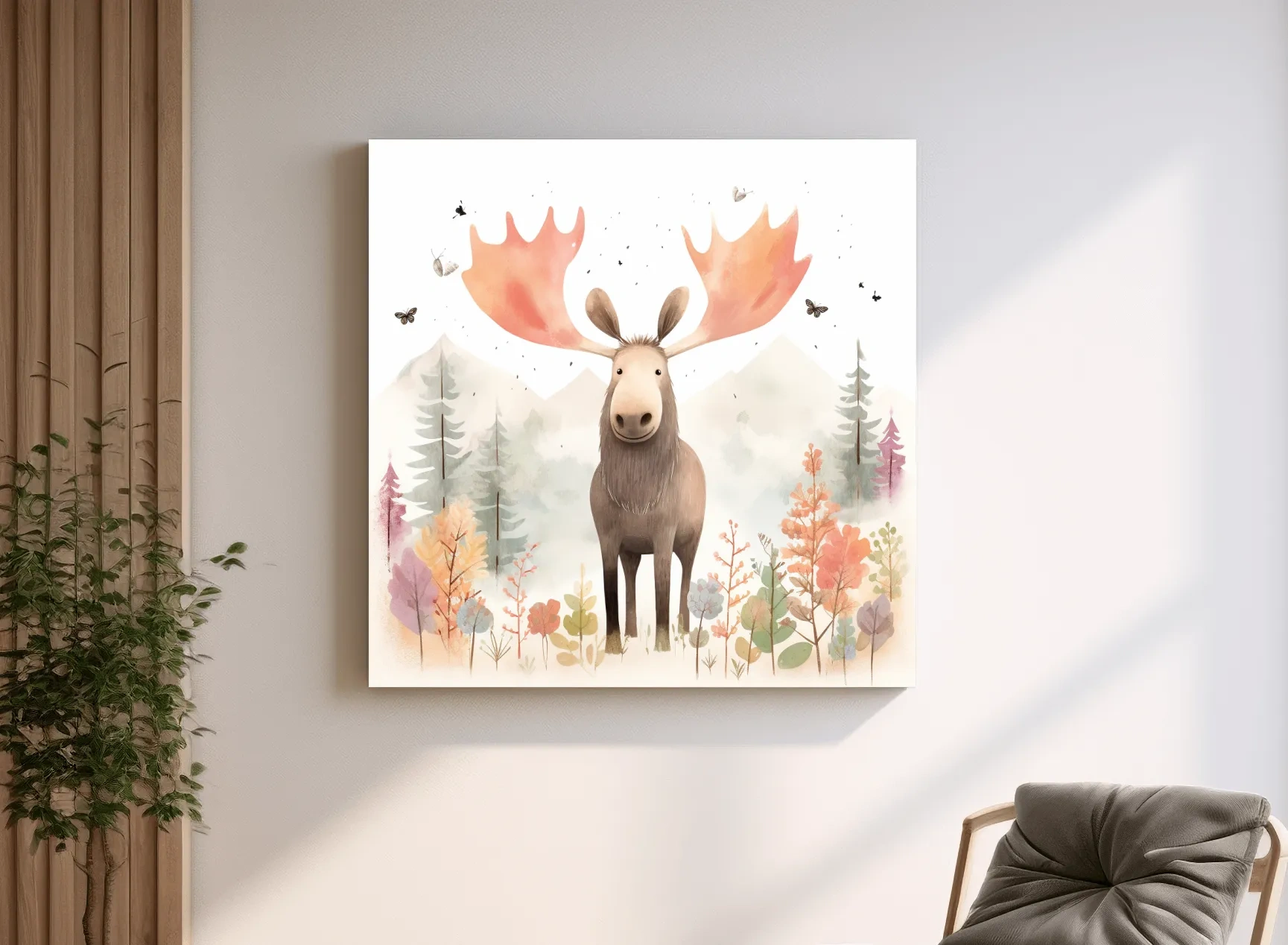 Whimsical Watercolor Moose In Pastel Forest - Storybook Nursery Animal Wall Art