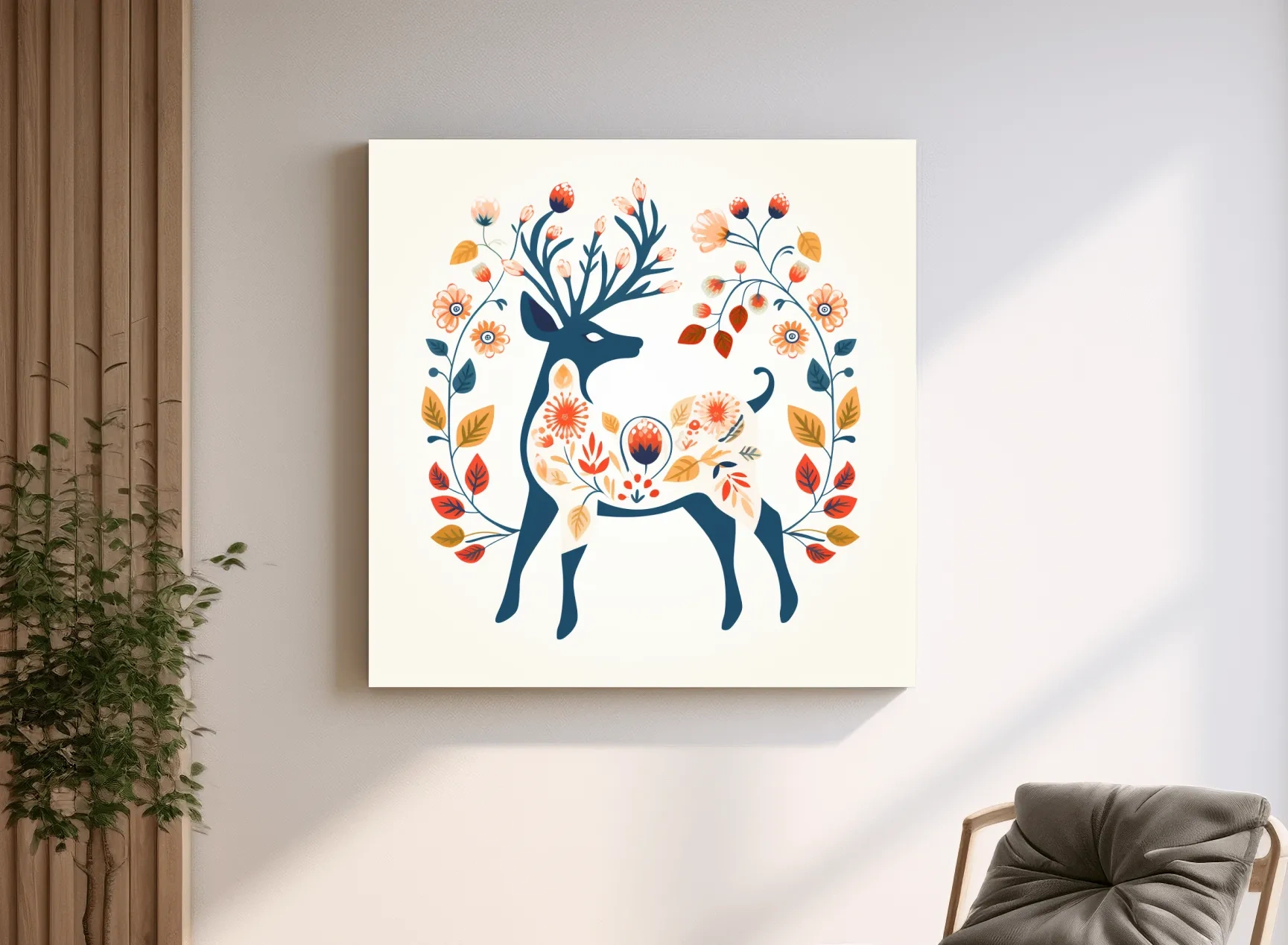 Folk Art Floral Deer Silhouette - Scandinavian Woodland Wall Art