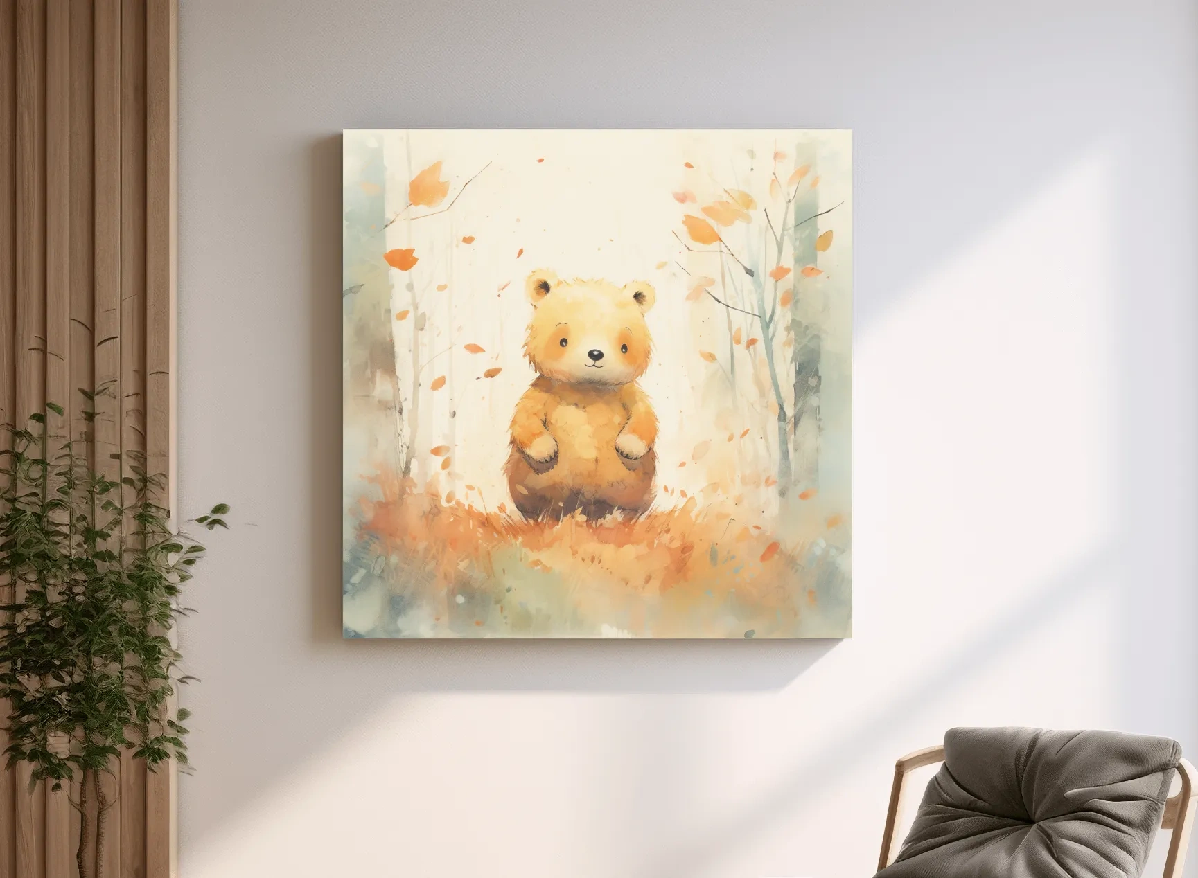 Cute Watercolor Bear Cub In Autumn Forest - Whimsical Nursery Animal Wall Art