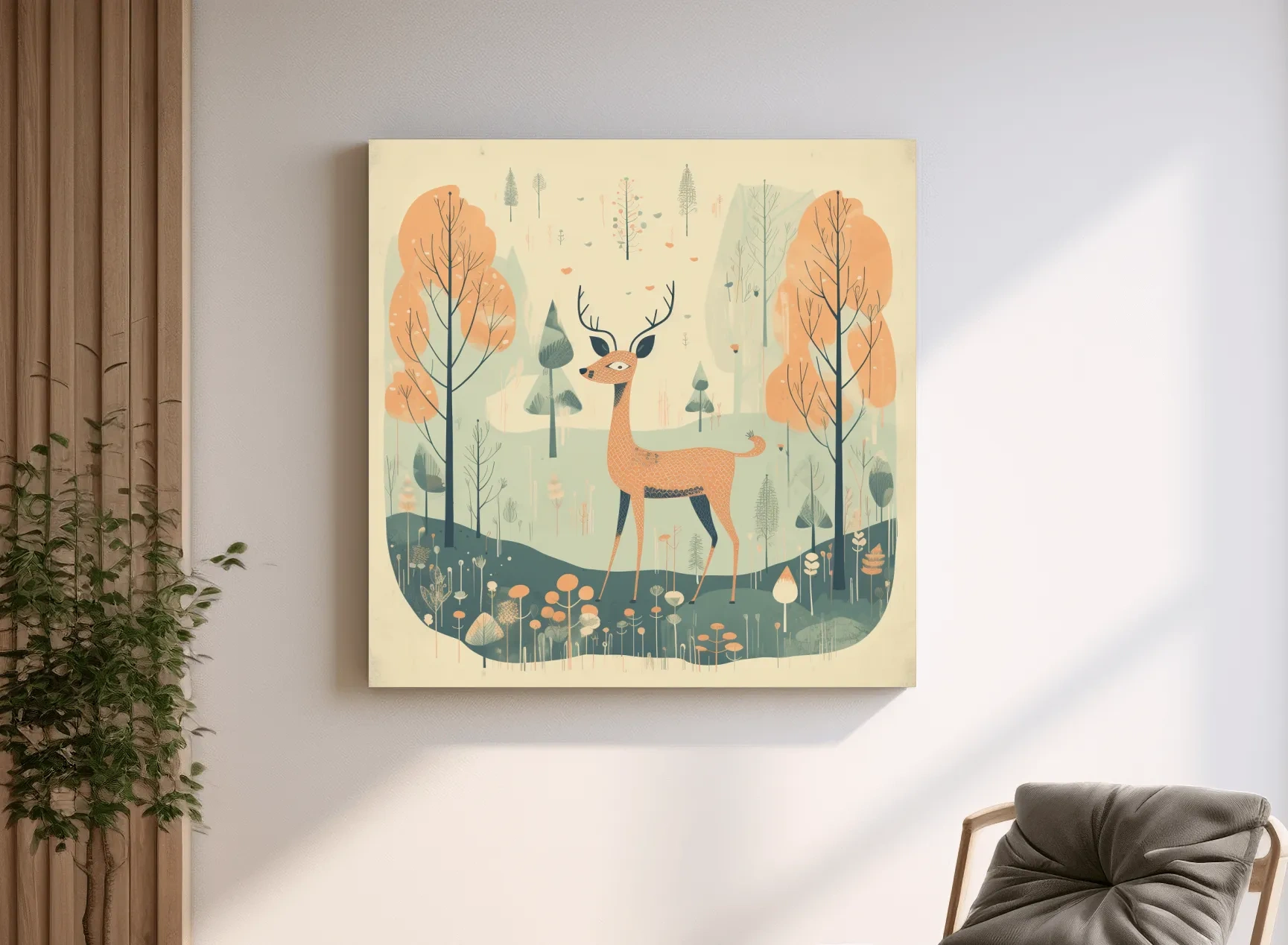 Deer artwork illustration for a nursery, folk art style
