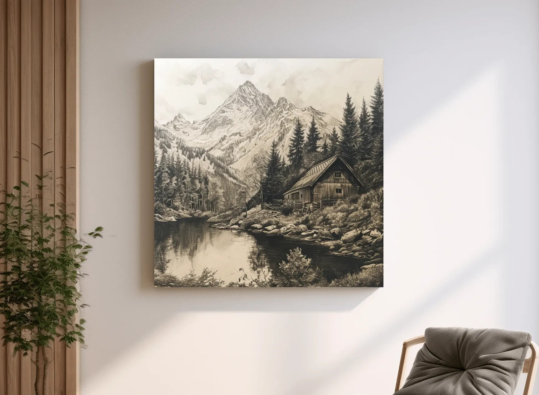 Vintage Sepia Mountain Cabin Lake Scene - Rustic Alpine Forest Landscape Art