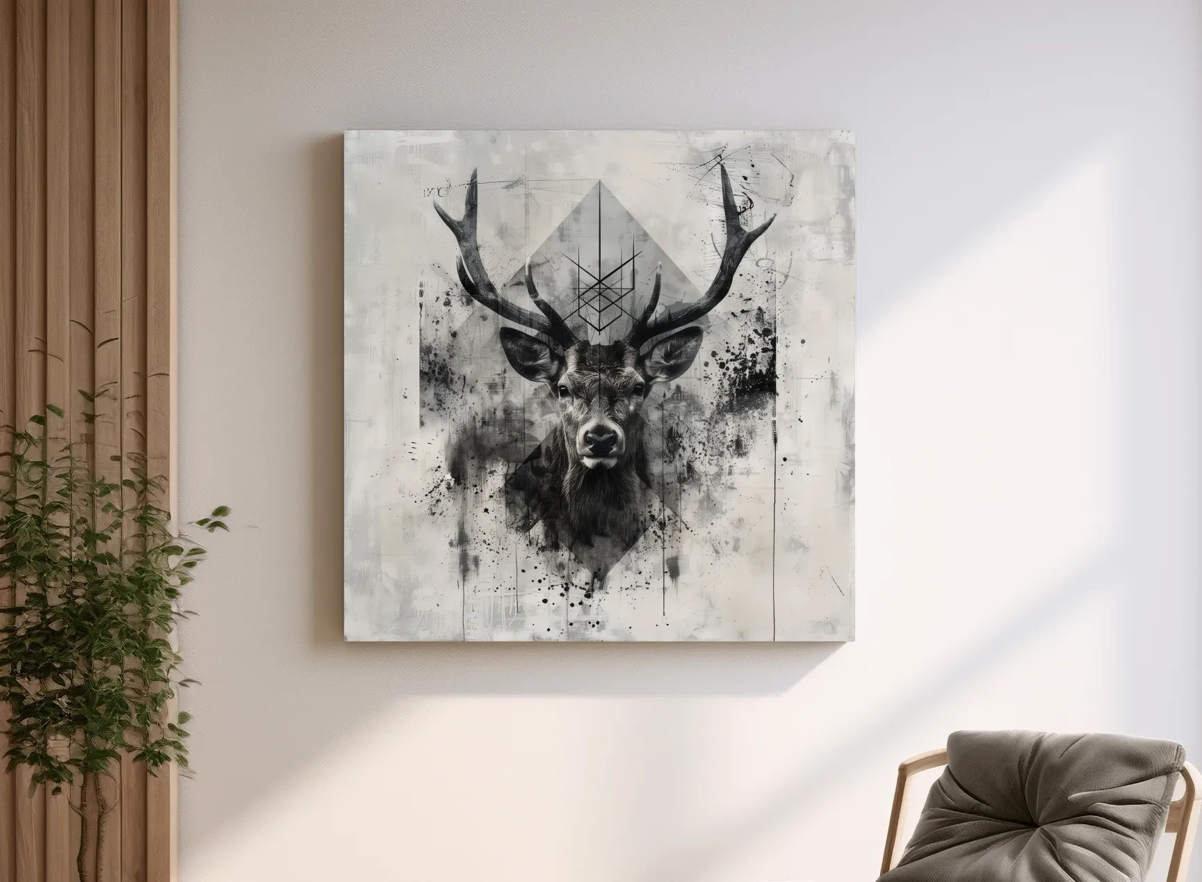 Tribal Monochrome Deer Stag Portrait - Tattoo Style Wildlife Wall Art