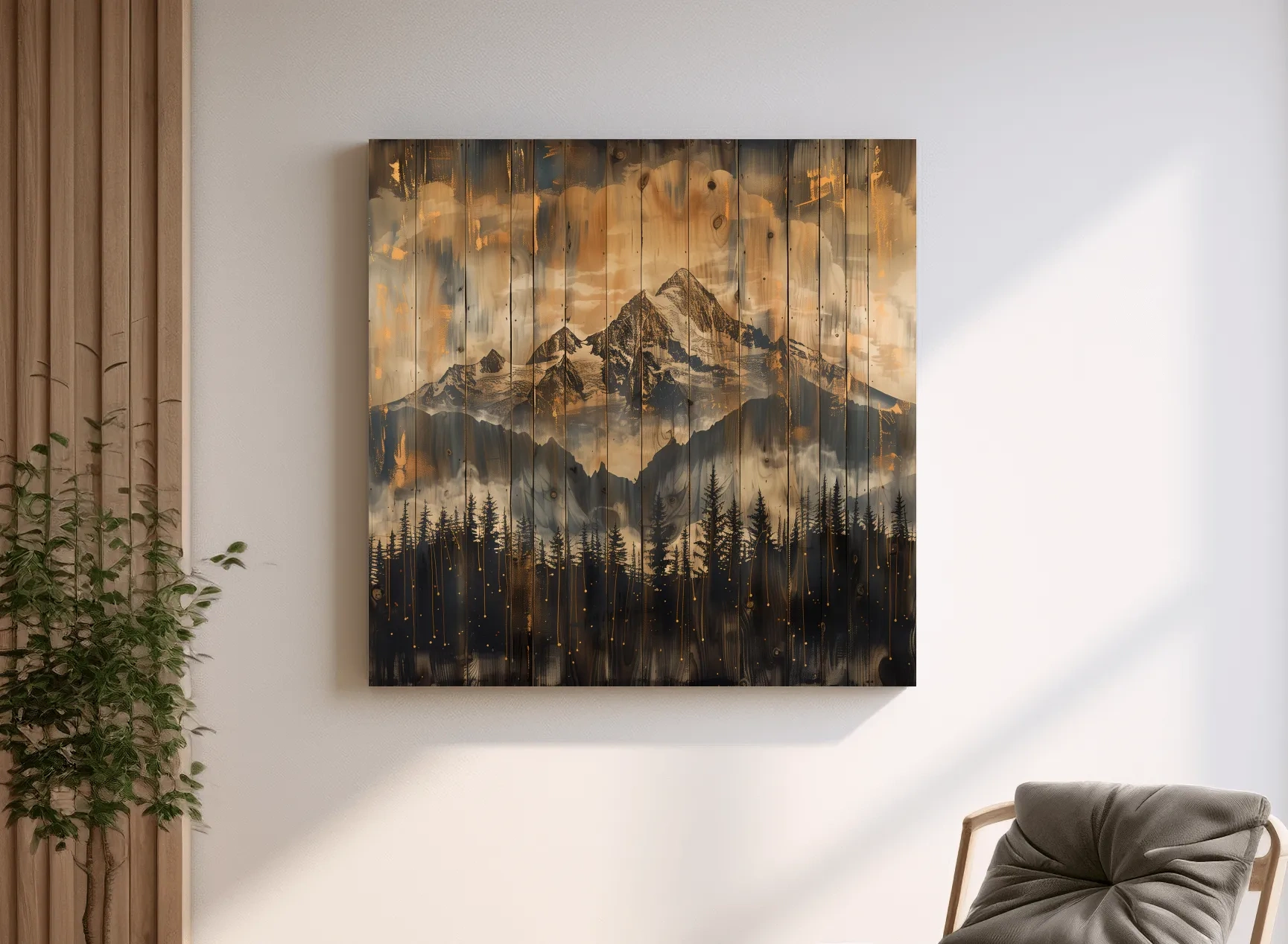 Rustic Mountain Range Over Pine Forest - Vintage Wood Panel Style Landscape Artwork