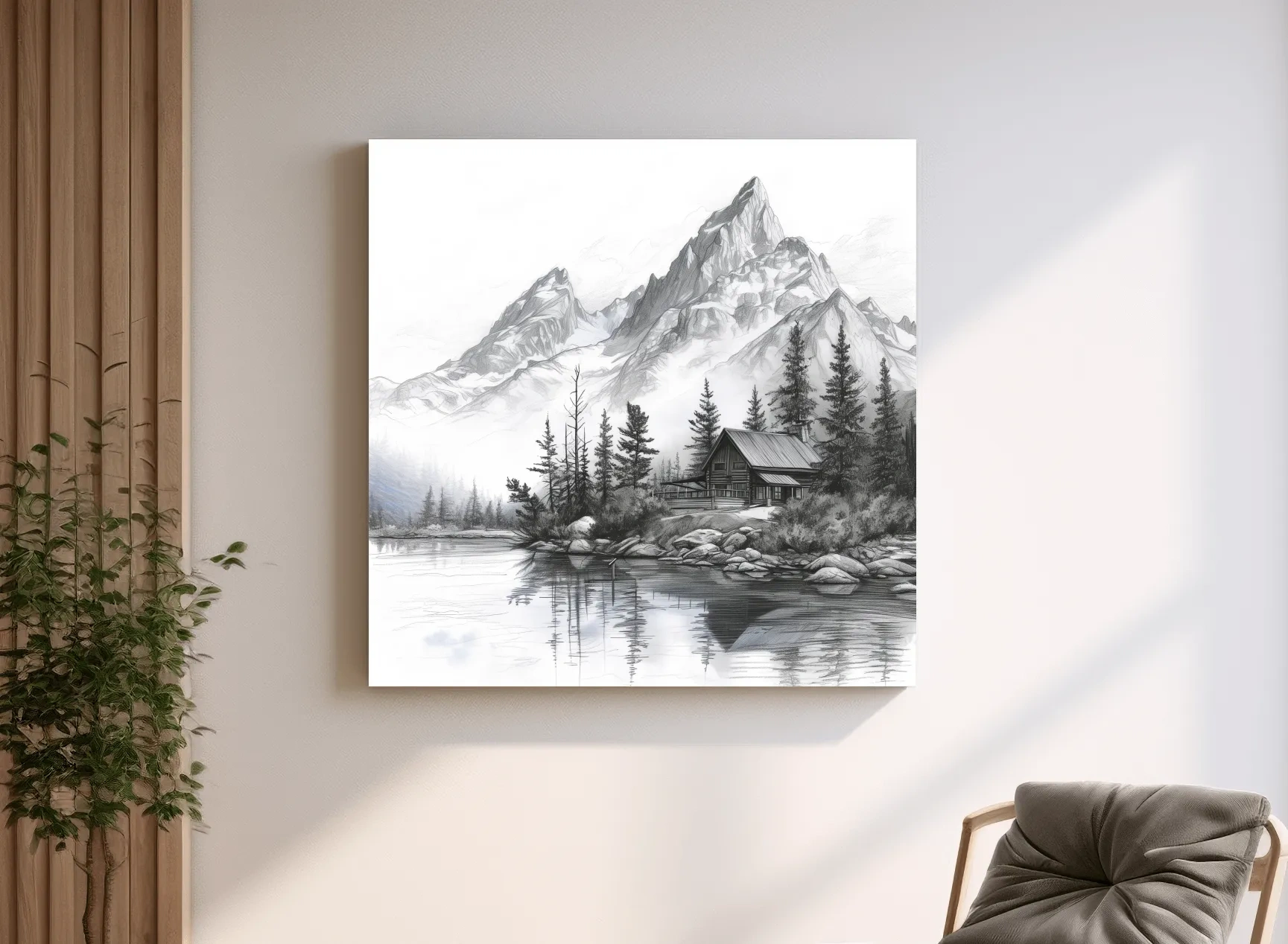 Monochrome Mountain Lake Cabin Sketch - Rustic Alpine Glacier Wall Art