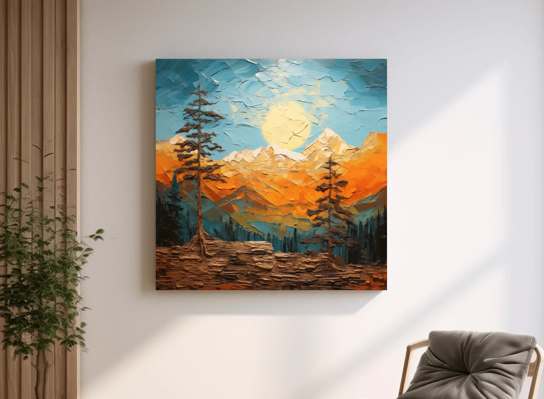 Impasto Style Mountain Sunrise Landscape - Bold Alpine Wall Art