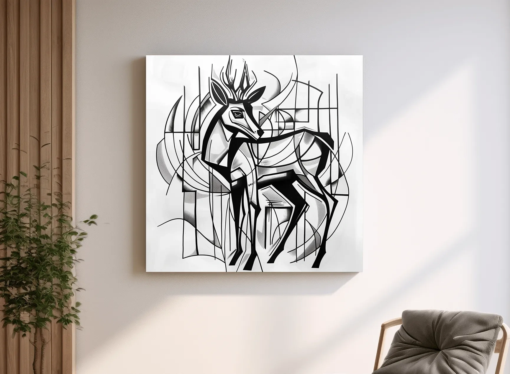 Cubism Abstract Stag Artwork - Modern Black And White Wildlife Wall Art