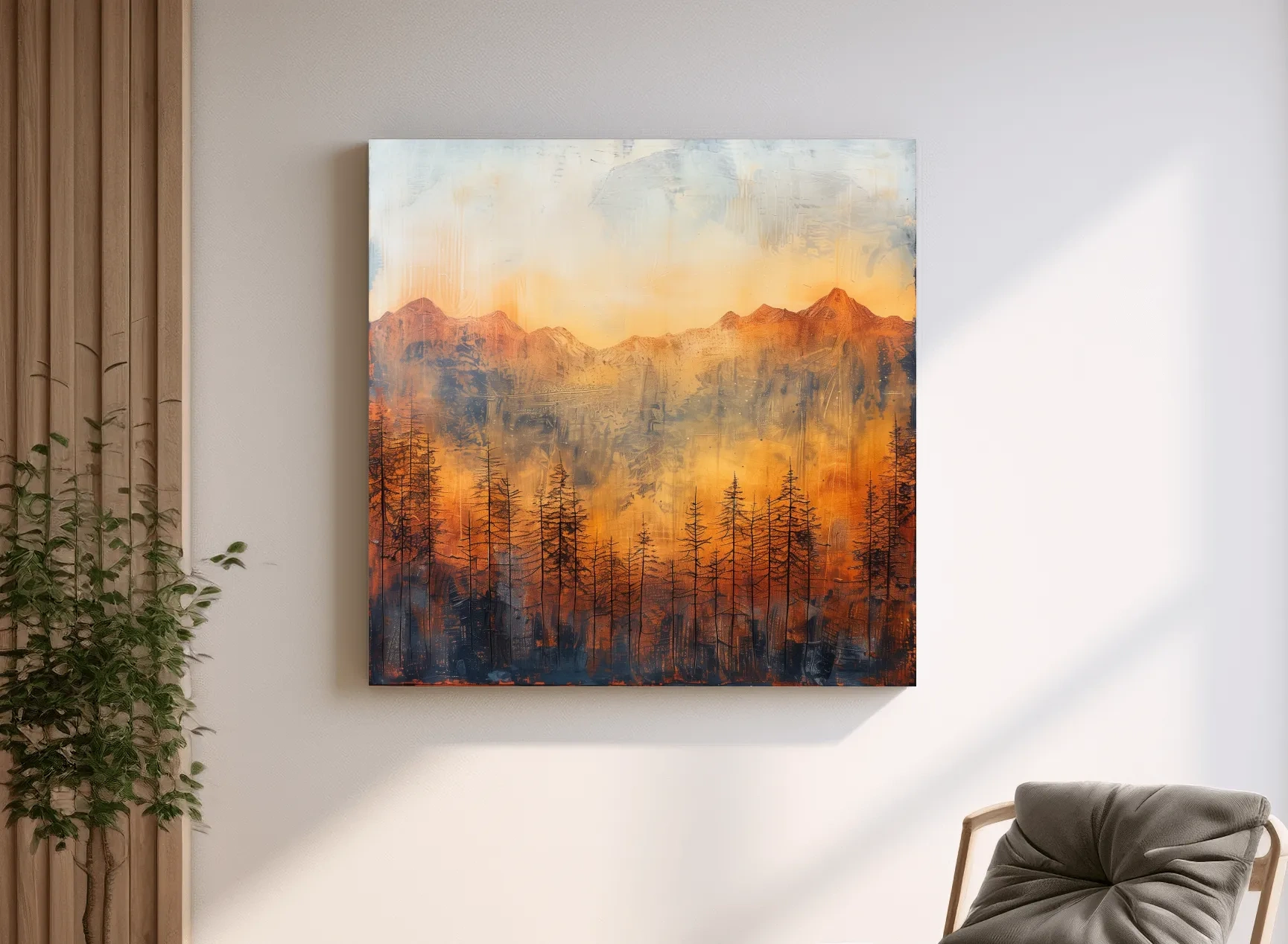 Moody Abstract Mountain Sunrise With Silhouetted Pine Forest - Textured Landscape Painting
