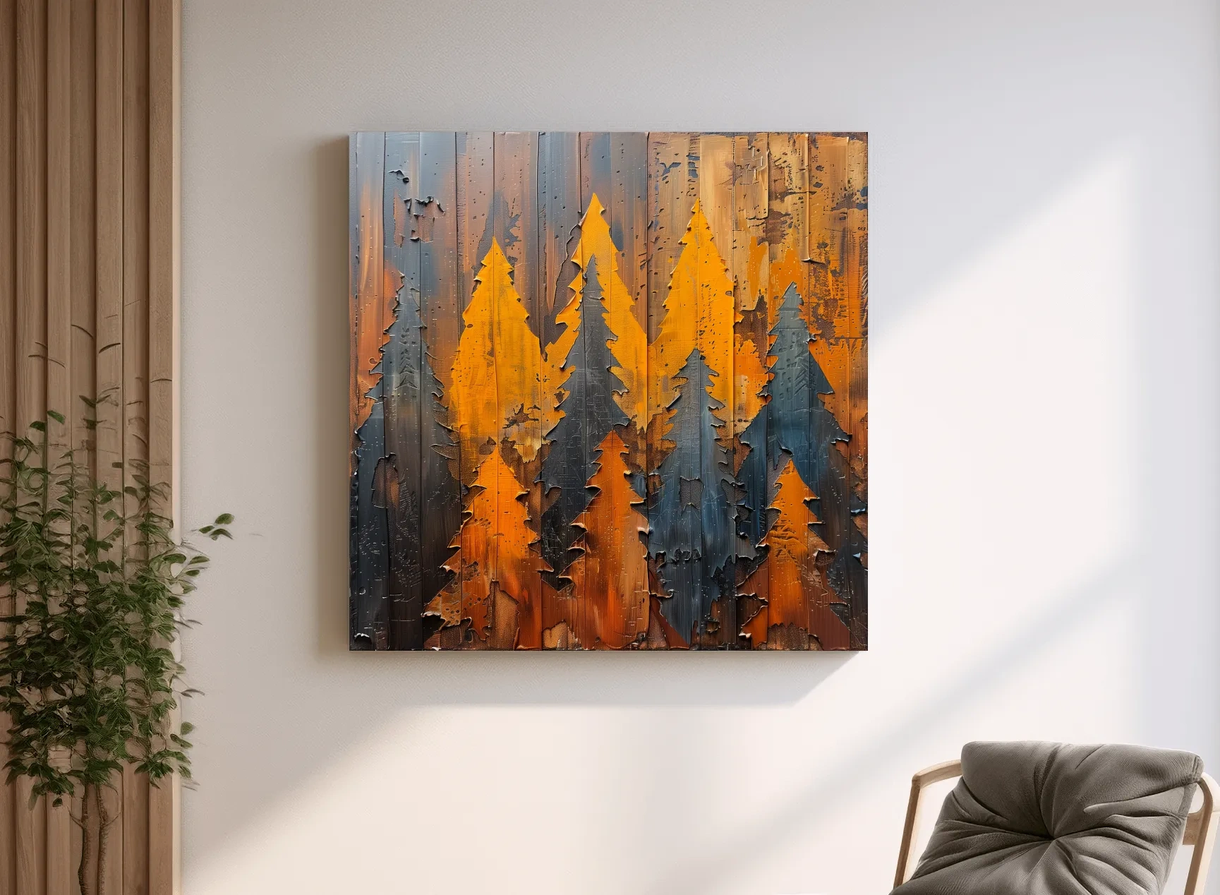 Autumn Pine Forest Silhouettes - Rustic Painted Wood Wall Art