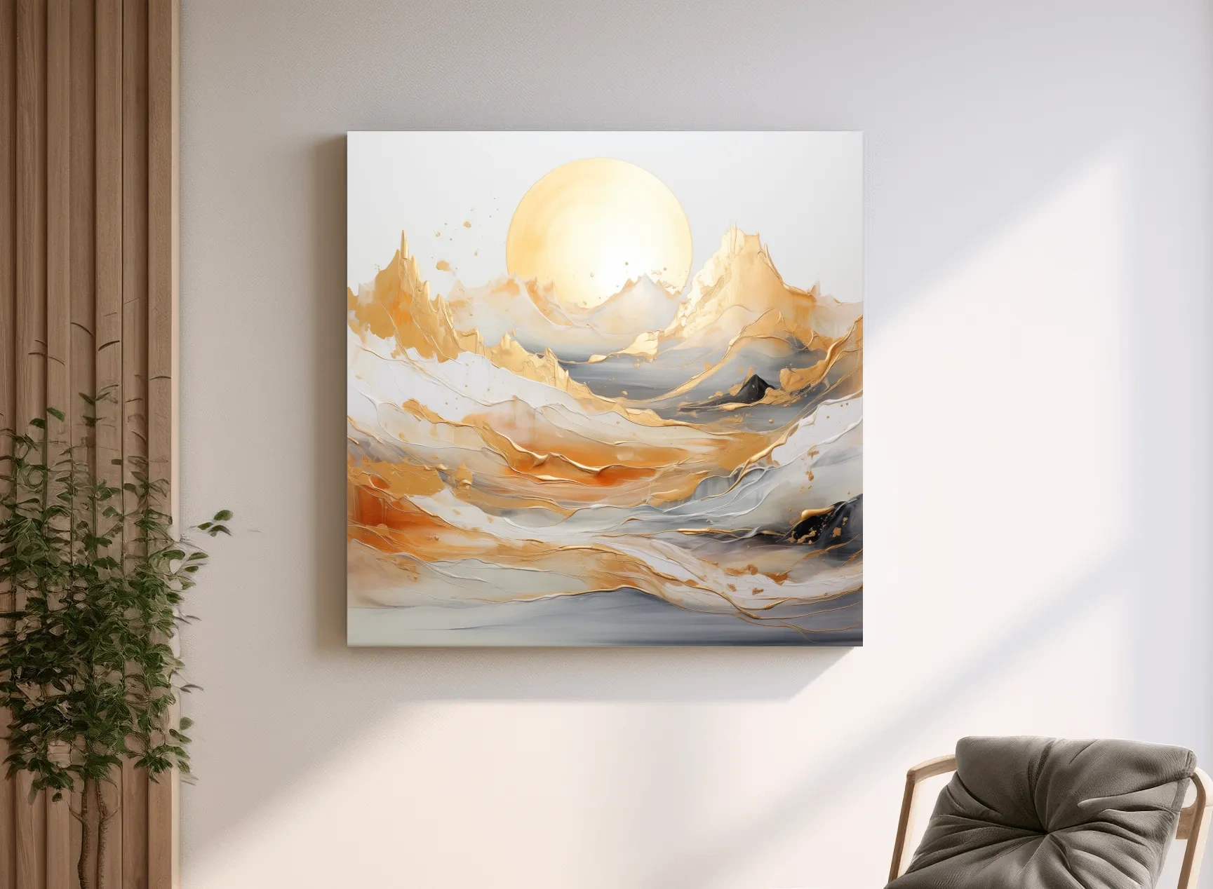 Gold Leaf Abstract Mountains Painting - Minimalist Sunrise Landscape Wall Art