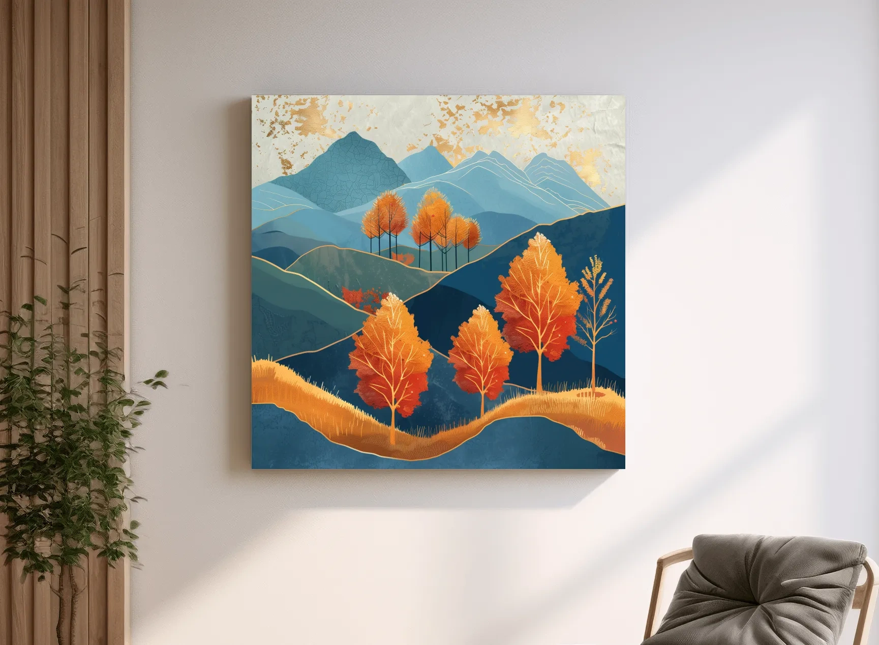 Autumn Aspen Trees In Layered Blue Mountains - Modern Gold Leaf Style Wall Art