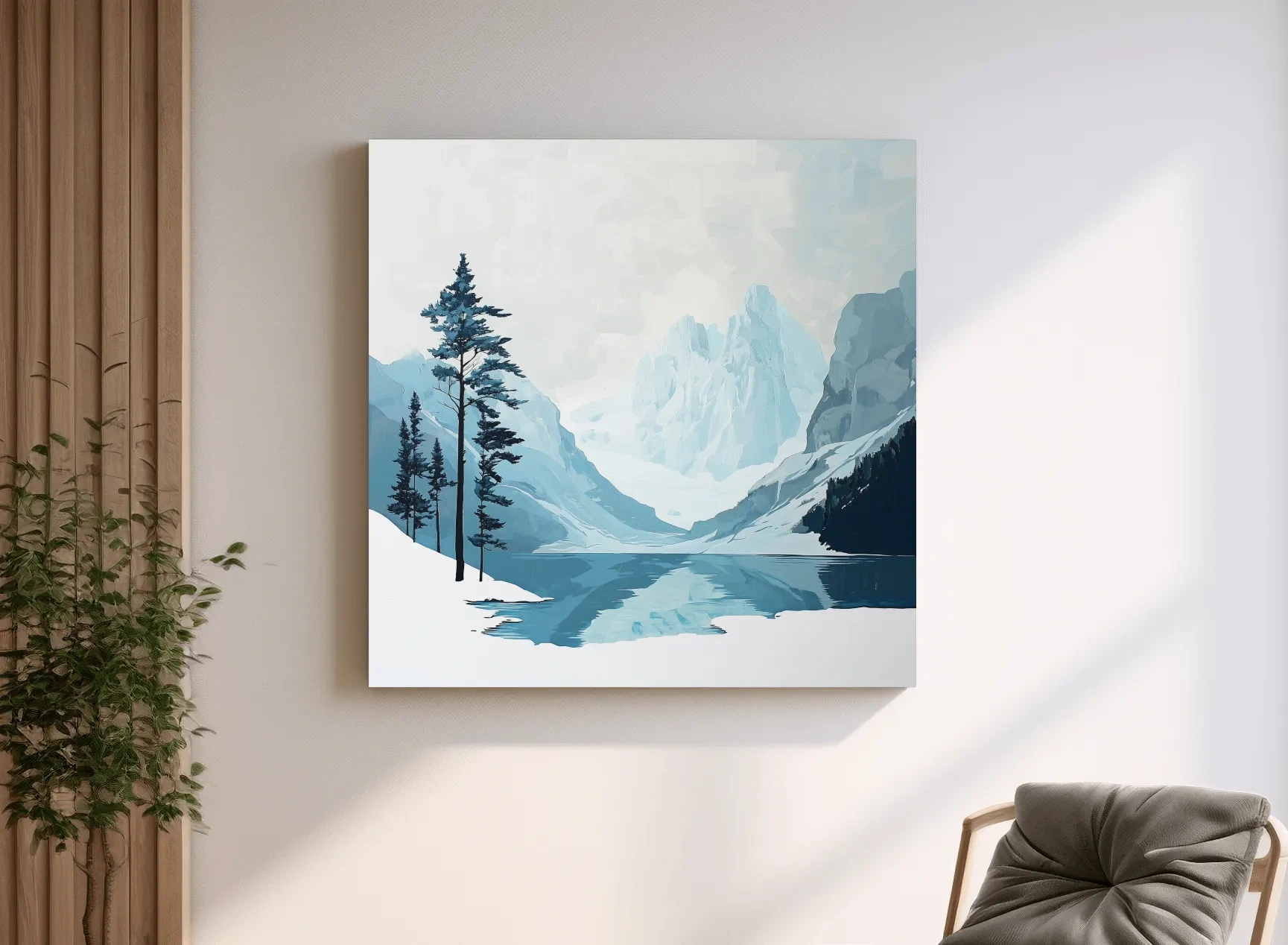 Minimalist Icy Mountain Lake - Scandinavian Winter Landscape Artwork