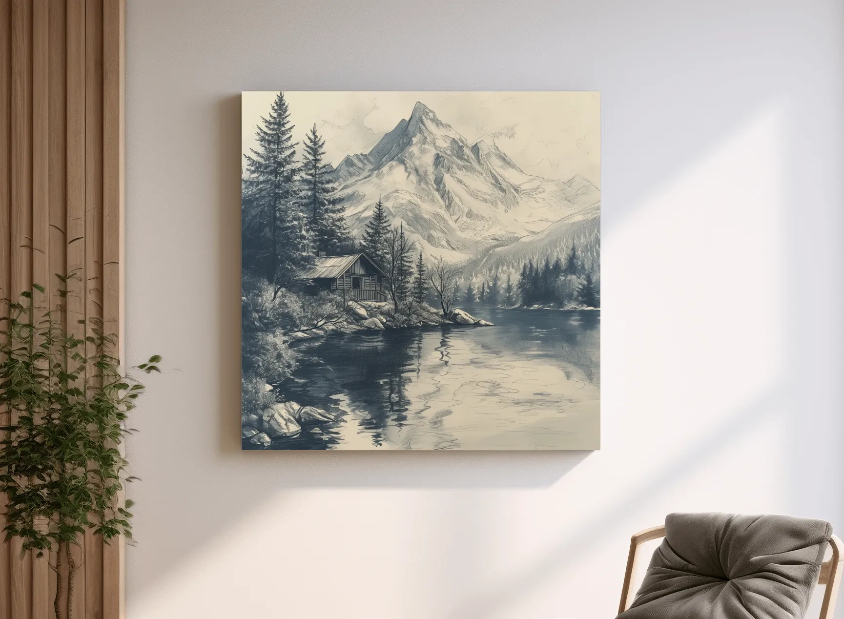 Vintage Alpine Cabin By Mountain Lake - Monochrome Pencil Sketch Landscape Wall Art