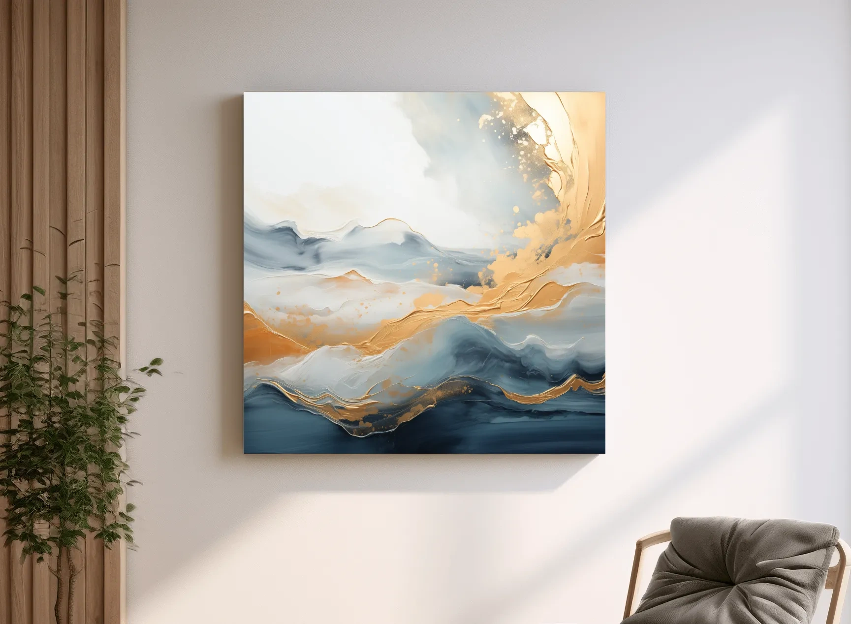 Fluid Abstract Blue And Gold Mountain Landscape - Modern Mixed Media Wall Art