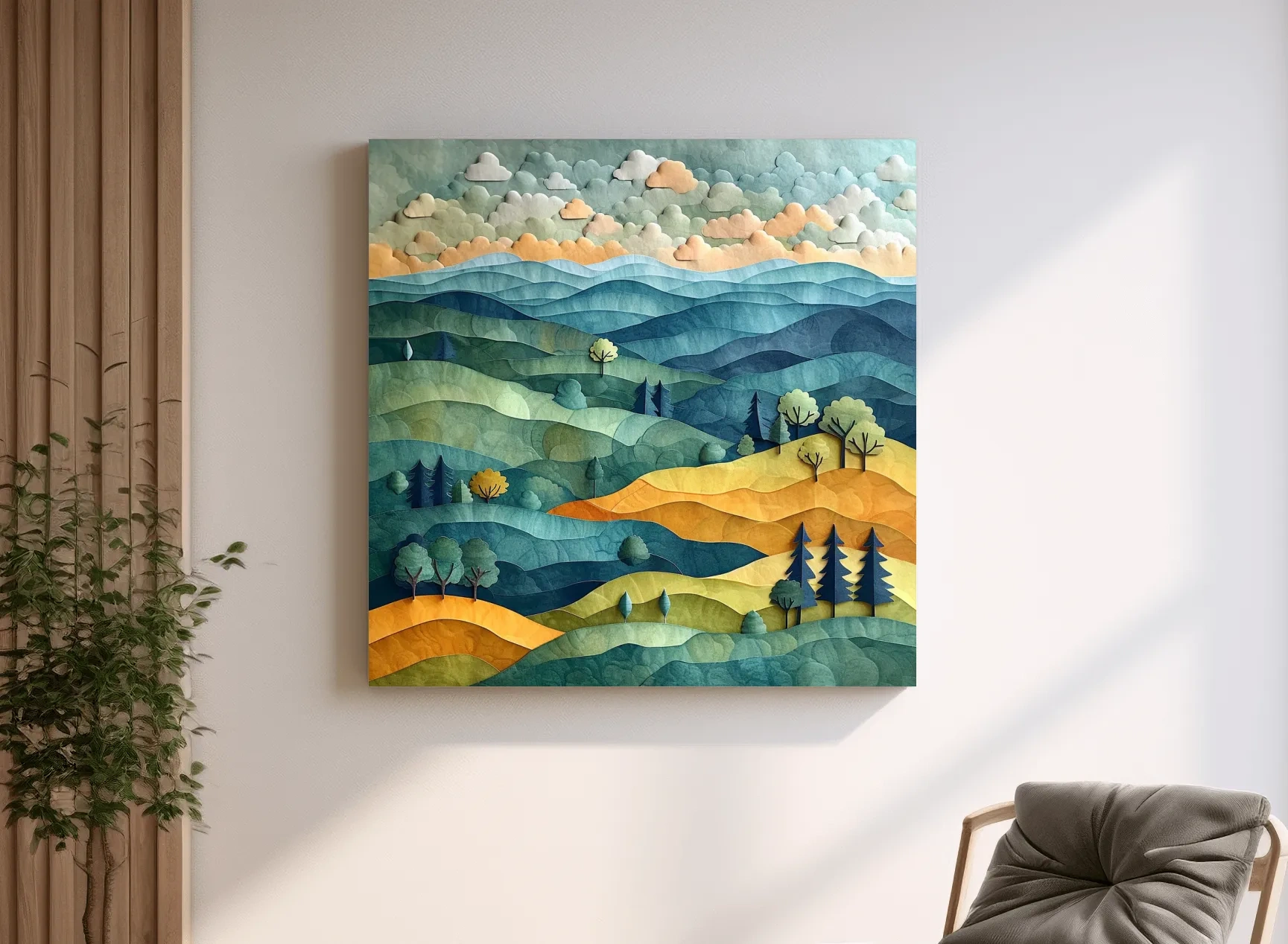 Layered Paper Cut Mountain Landscape - Mixed Media Forest Wall Art