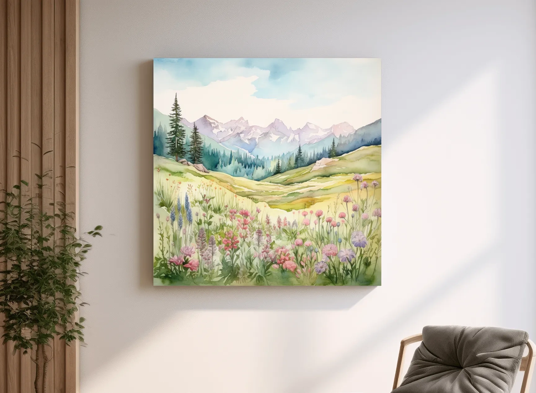 Alpine Meadows Wildflower Watercolour - Pastel Mountains Landscape Wall Art