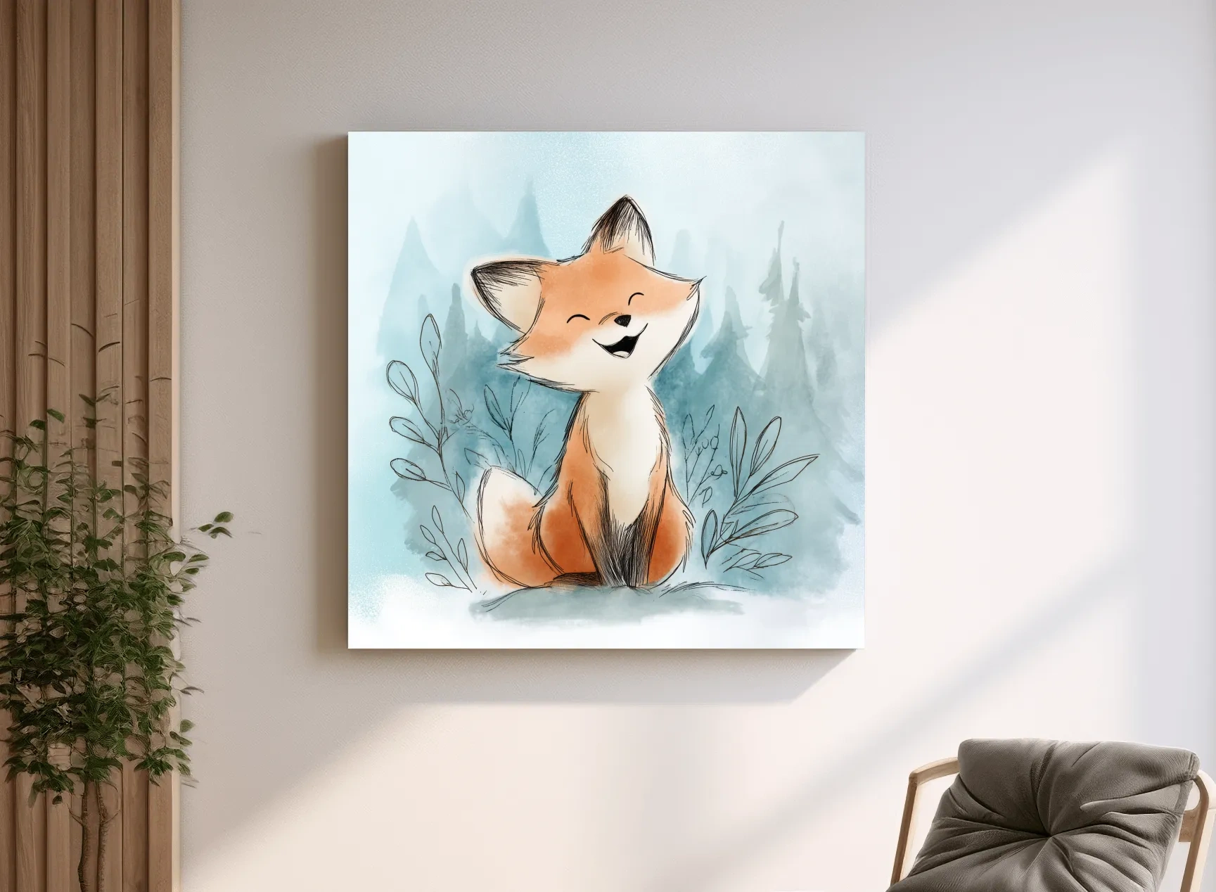 Whimsical Watercolor Fox Cub Illustration - Cute Woodland Nursery Wall Art