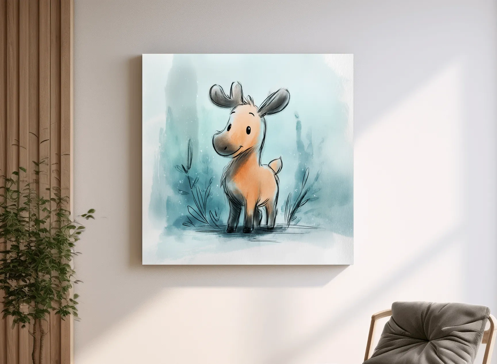 Cute Baby Moose Watercolor Illustration - Whimsical Nursery Wildlife Wall Art