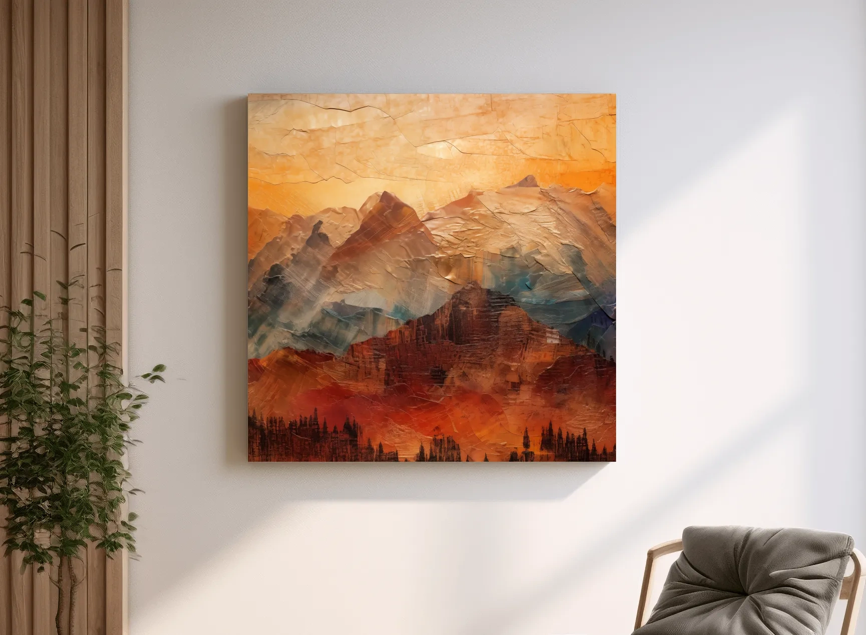 Impasto Style Abstract Mountain Range Sunset - Warm Rustic Landscape Wall Art