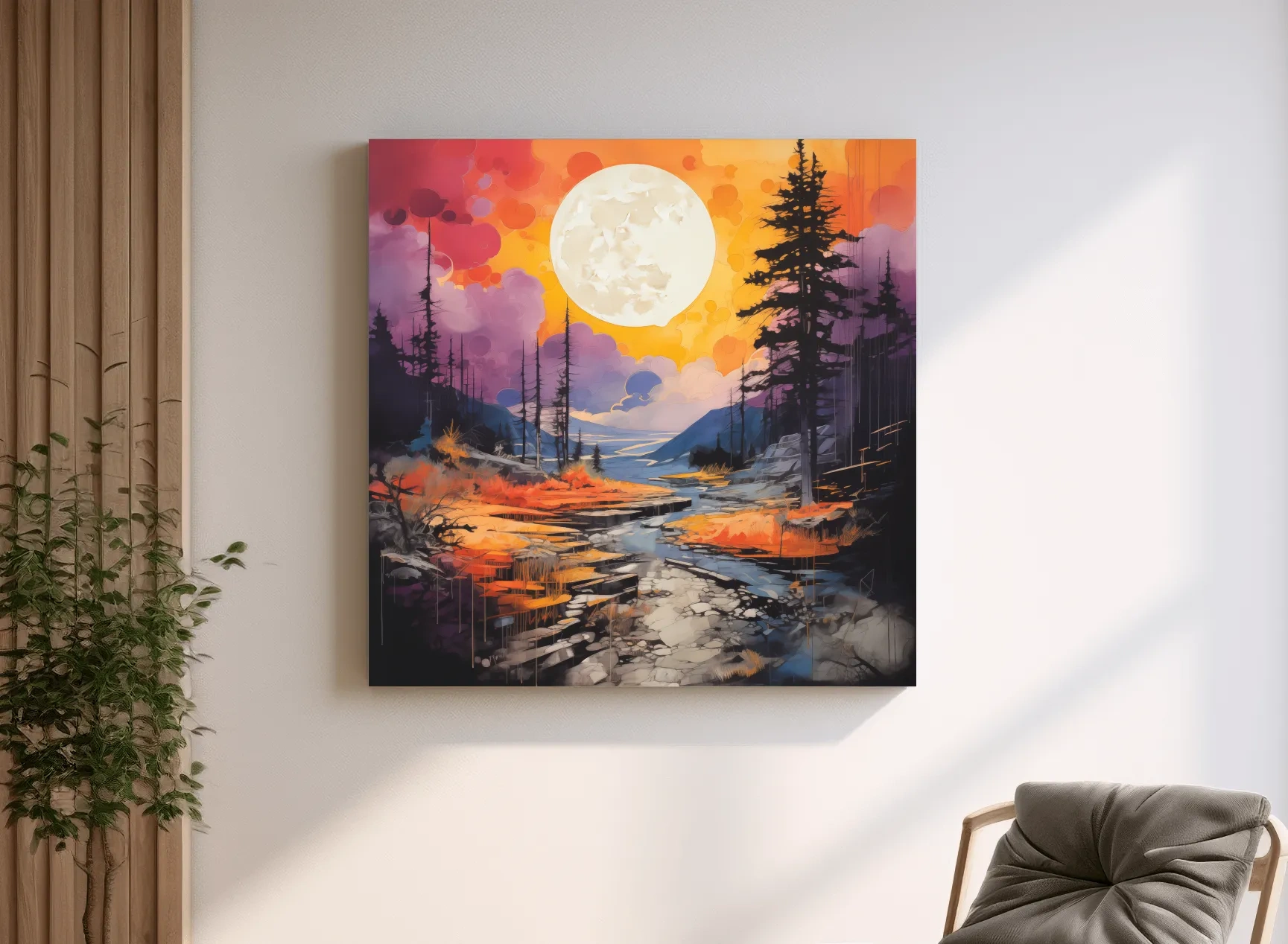 Vibrant River Valley Landscape Illustration - Abstract Sunset Forest Wall Art