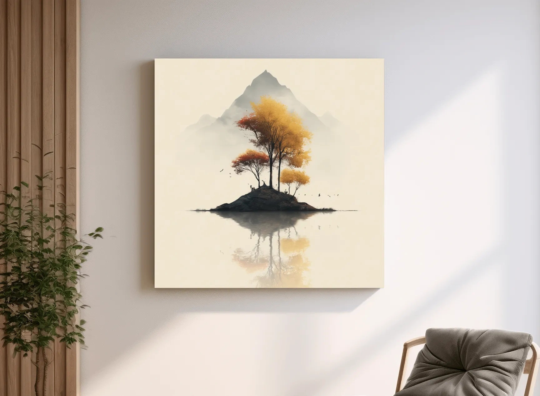 Minimalist Autumn Trees On Misty Lake Island - Serene Mountain Landscape Wall Art