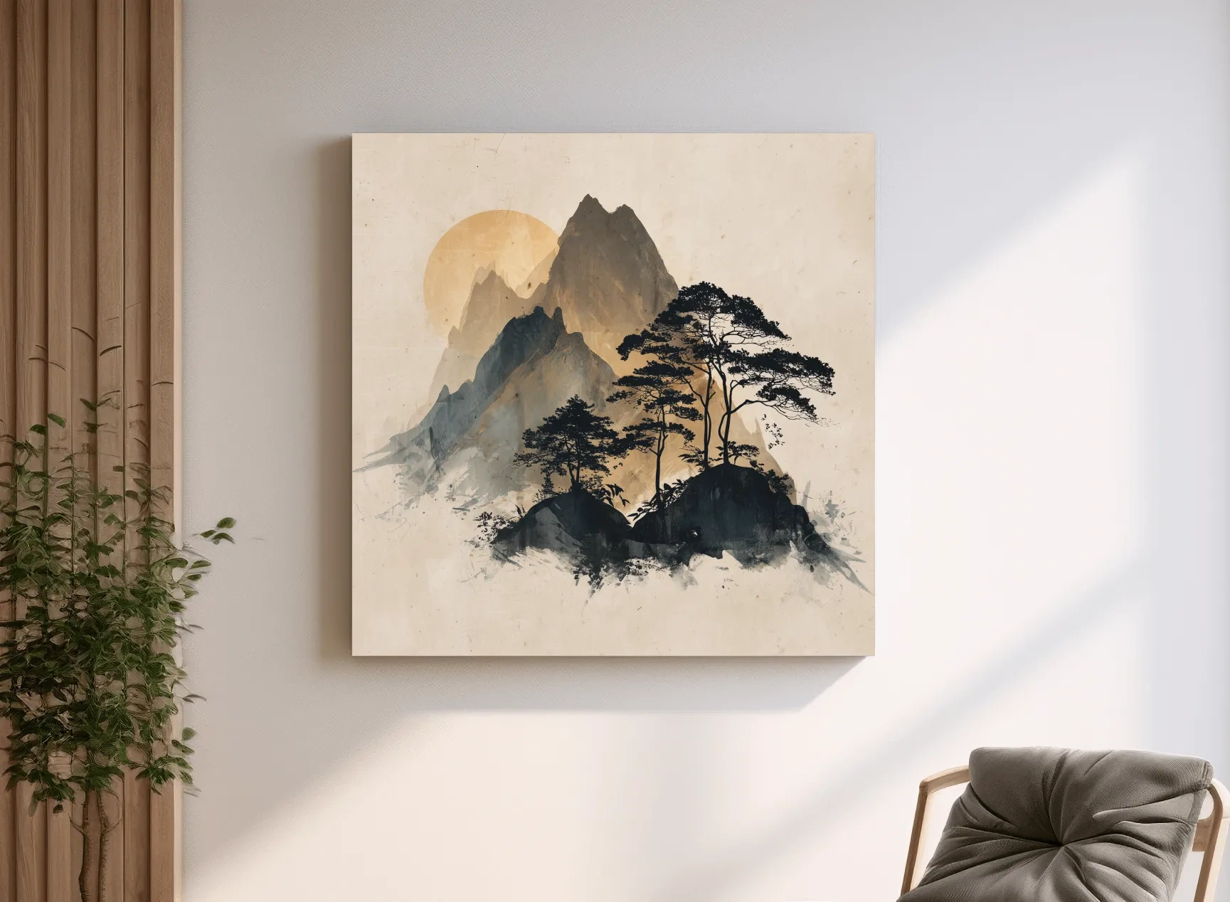 Zen Ink Wash Mountain Sunrise - Minimalist Japanese Pine Landscape Wall Art