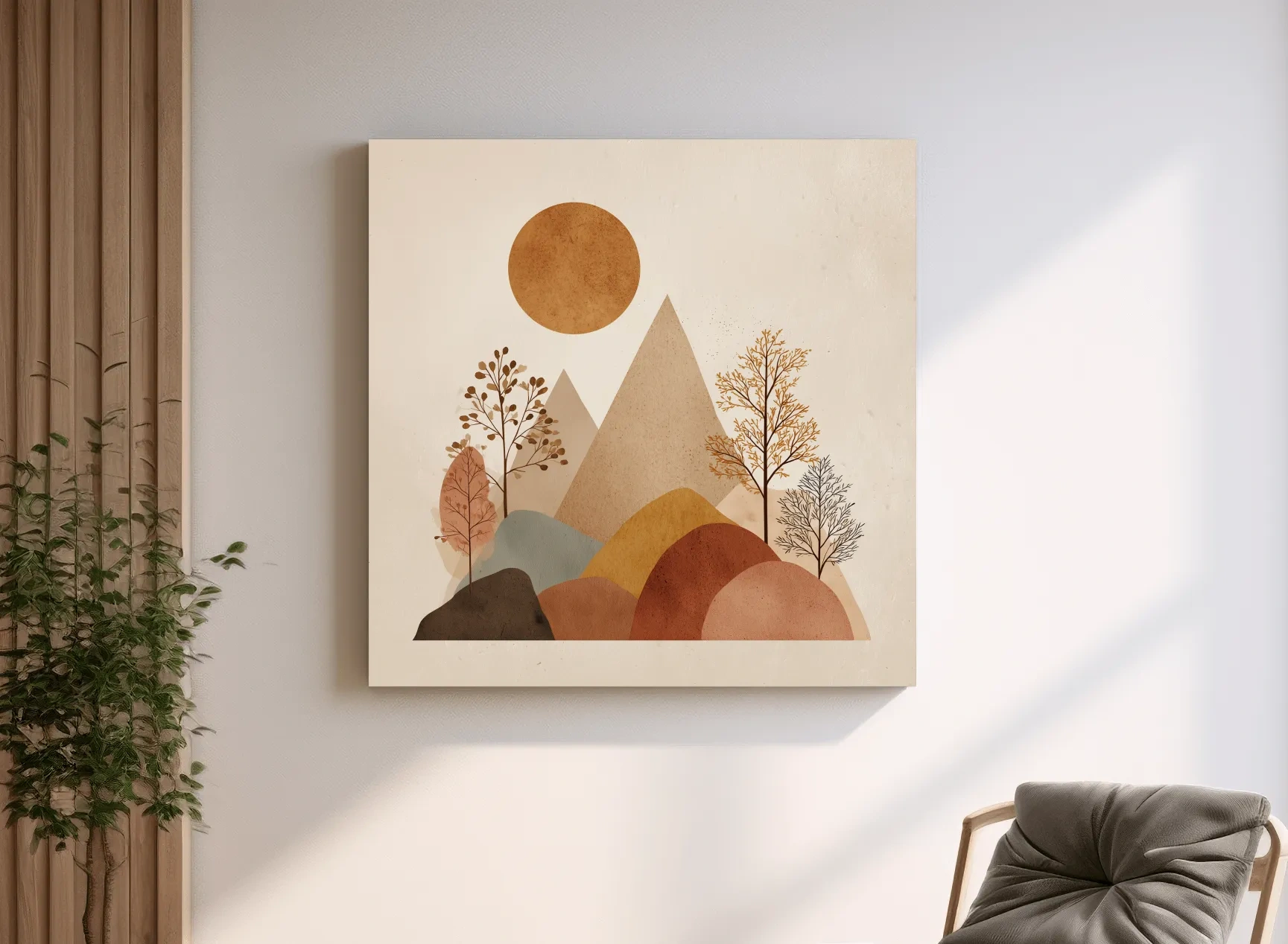 Minimalist Scandi Mountain Sunset Landscape - Boho Neutral Earth Tone Wall Art