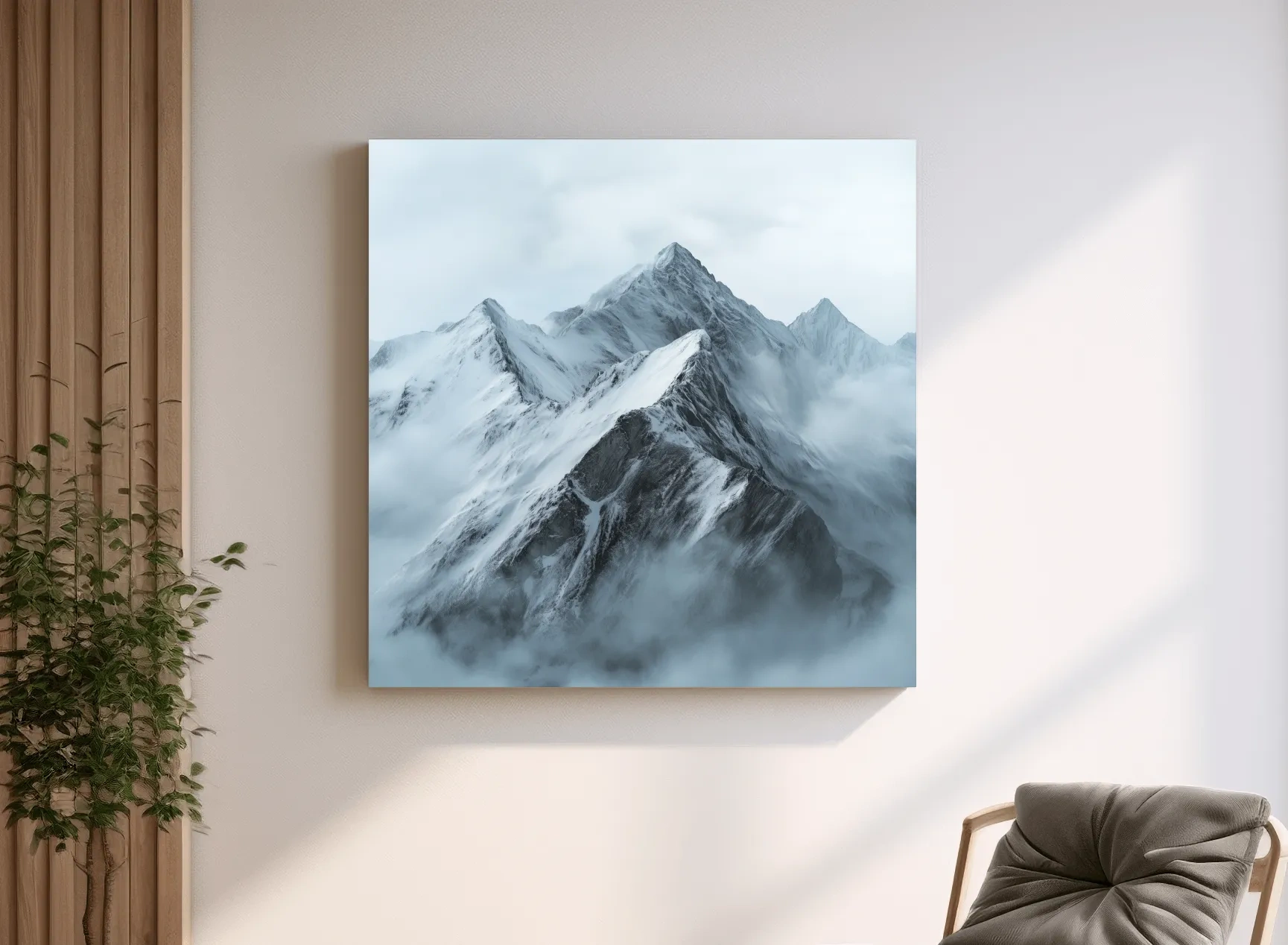 Misty Snowcapped Alpine Peak Landscape - Monochrome Photographic Mountain Wall Art