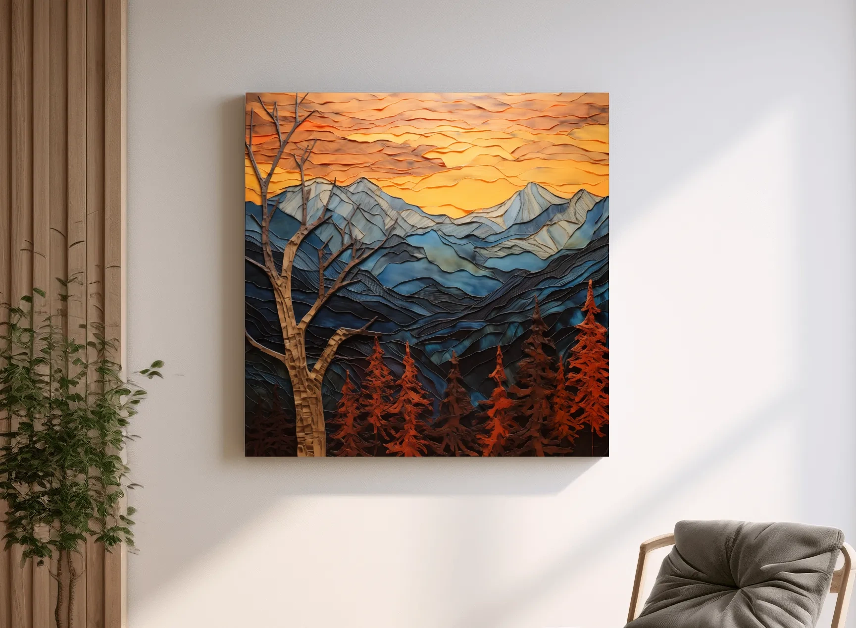 Faux Layered Paper Cut Alpine Mountain Sunset - Mixed Media 3D Landscape Wall Art