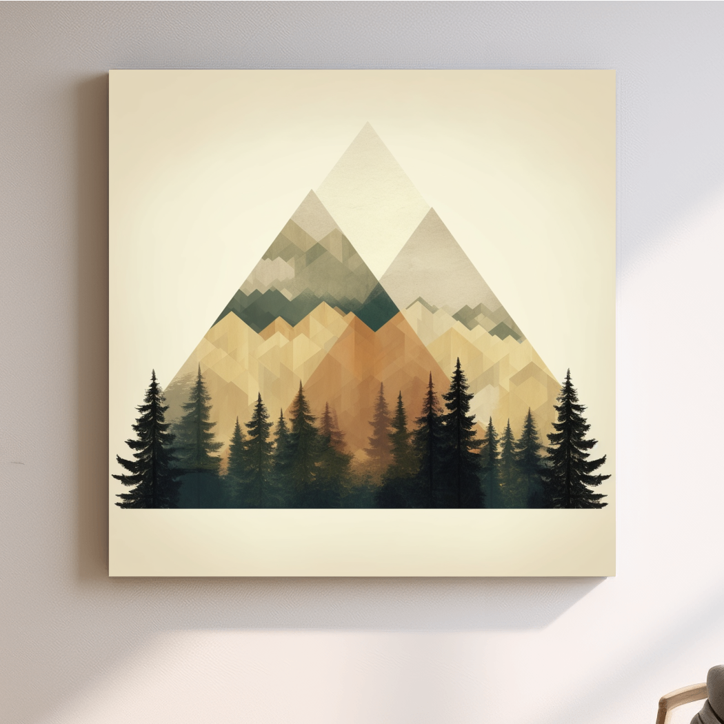 Geometric Mountain Peaks With Pine Forest - Minimalist Scandinavian Alpine Artwork