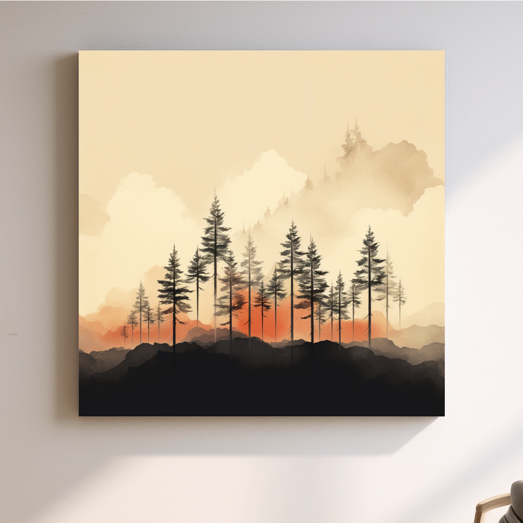 Minimal mountain artwork, tree line in the mist