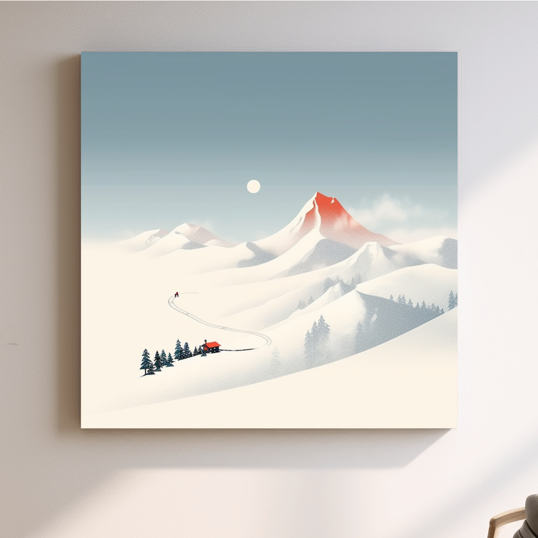 Minimal mountain art, skier leaves skin tracks from the cabin