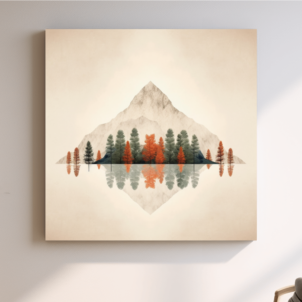 Minimalist Minimal Mountain Lake Reflection Painting - Autumn Pine Forest Artwork