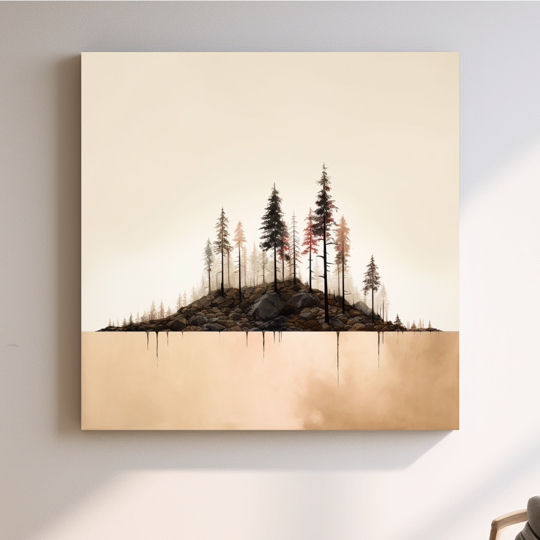 Minimalist Pine Forest Lake Illustration - Scandinavian Landscape Artwork